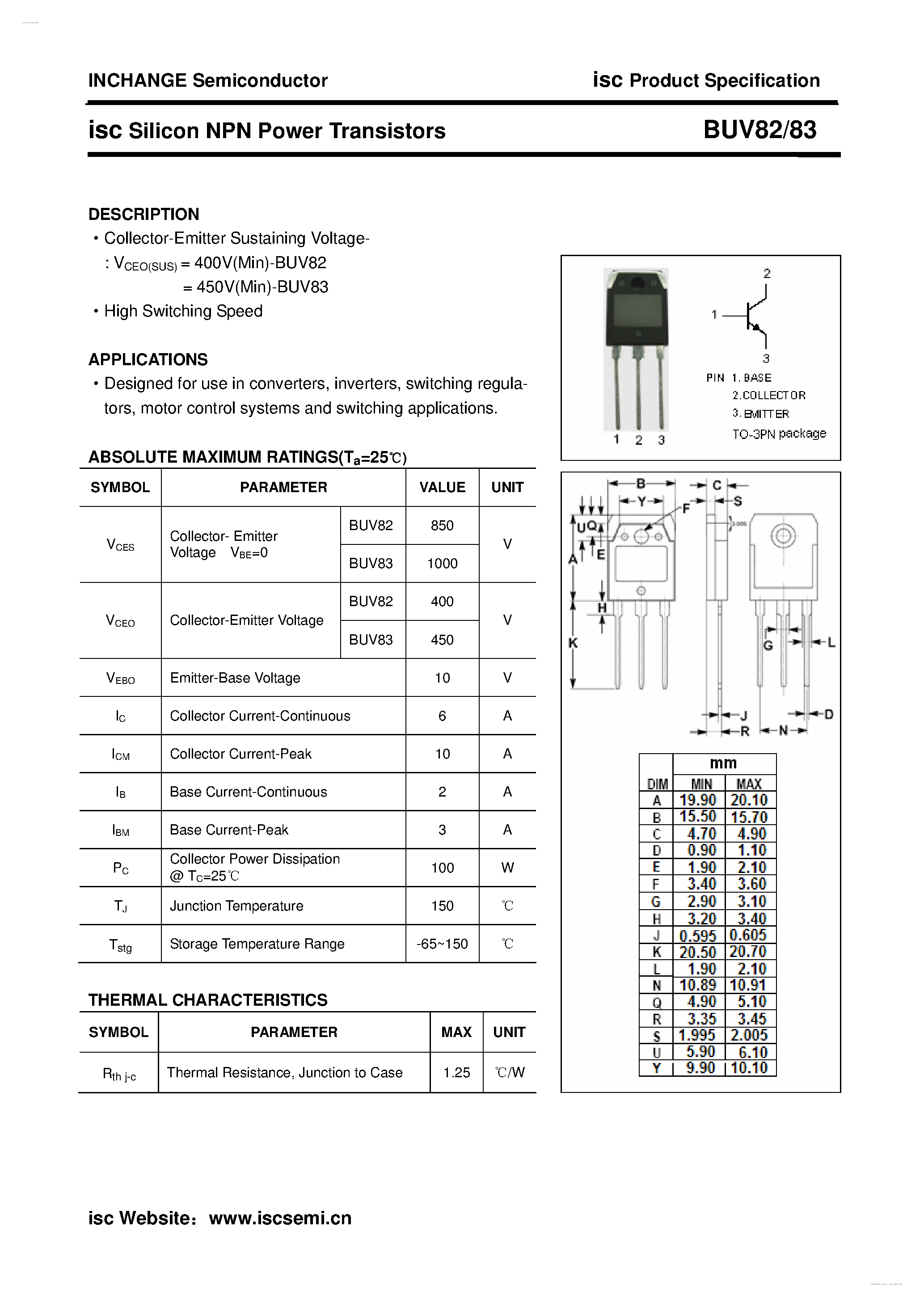 Даташит BUV82 - (BUV82 / BUV83) Silicon NPN Power Transistors страница 1