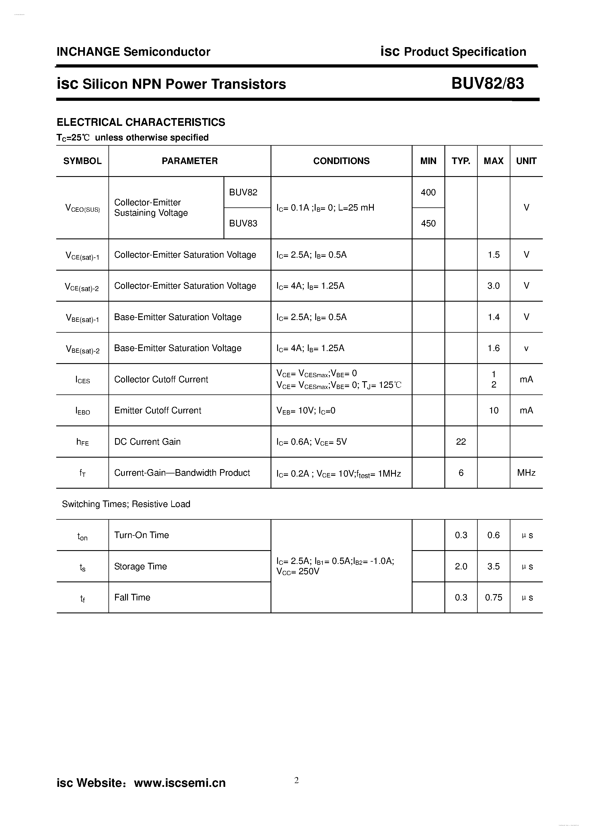 Даташит BUV82 - (BUV82 / BUV83) Silicon NPN Power Transistors страница 2