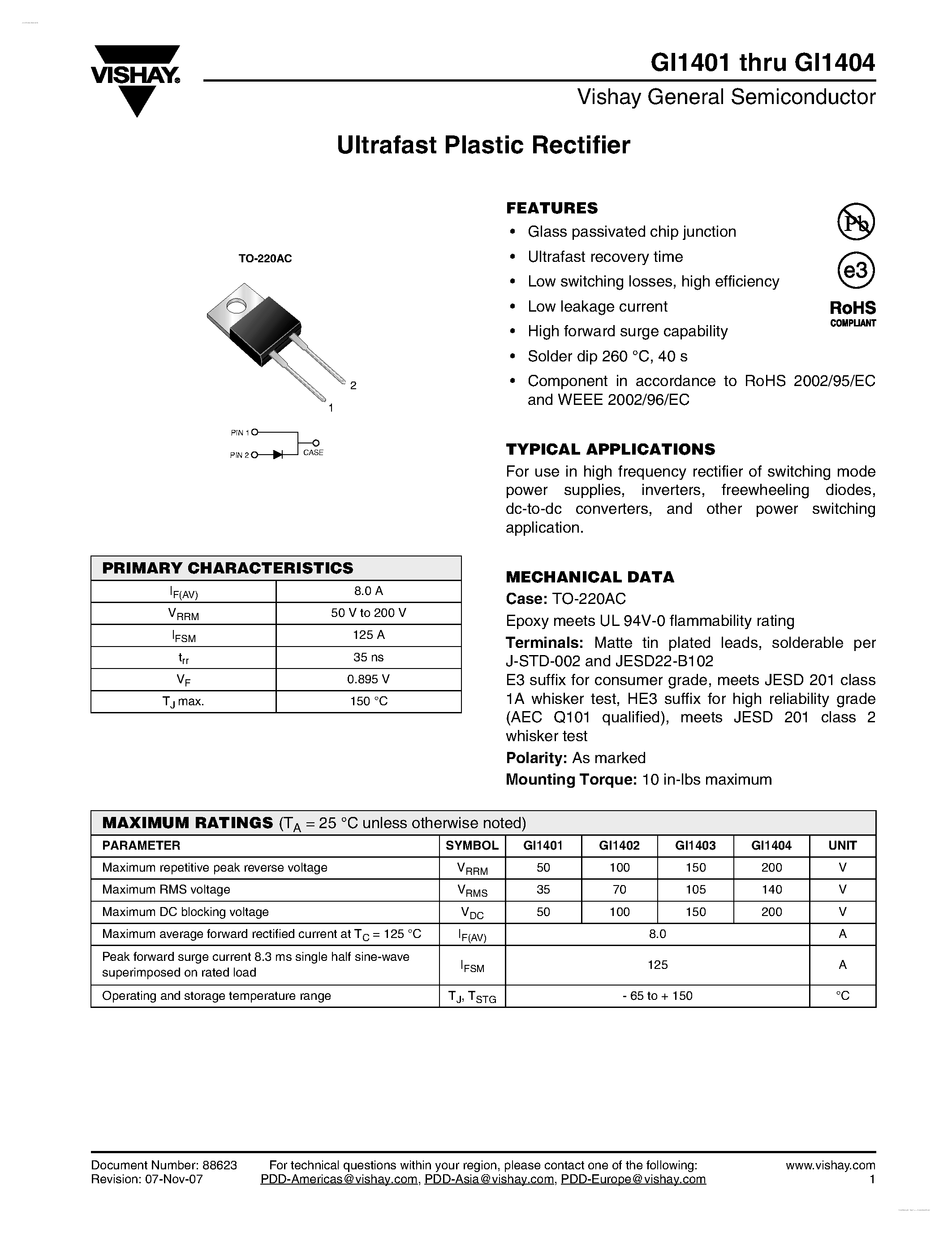 Datasheet GI1401 page 1 Datasheet GI1401 - (GI1401 - GI1404) Ultrafast Plastic Rectifier page 1