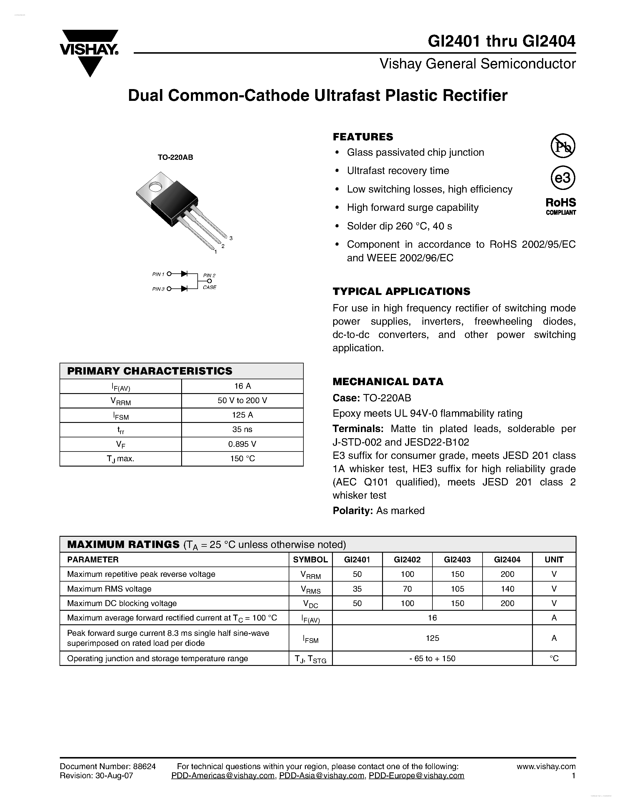 Datasheet GI2402 page 1 Datasheet GI2402 - (GI2401 - GI2404) Dual Common-Cathode Ultrafast Plastic Rectifier page 1