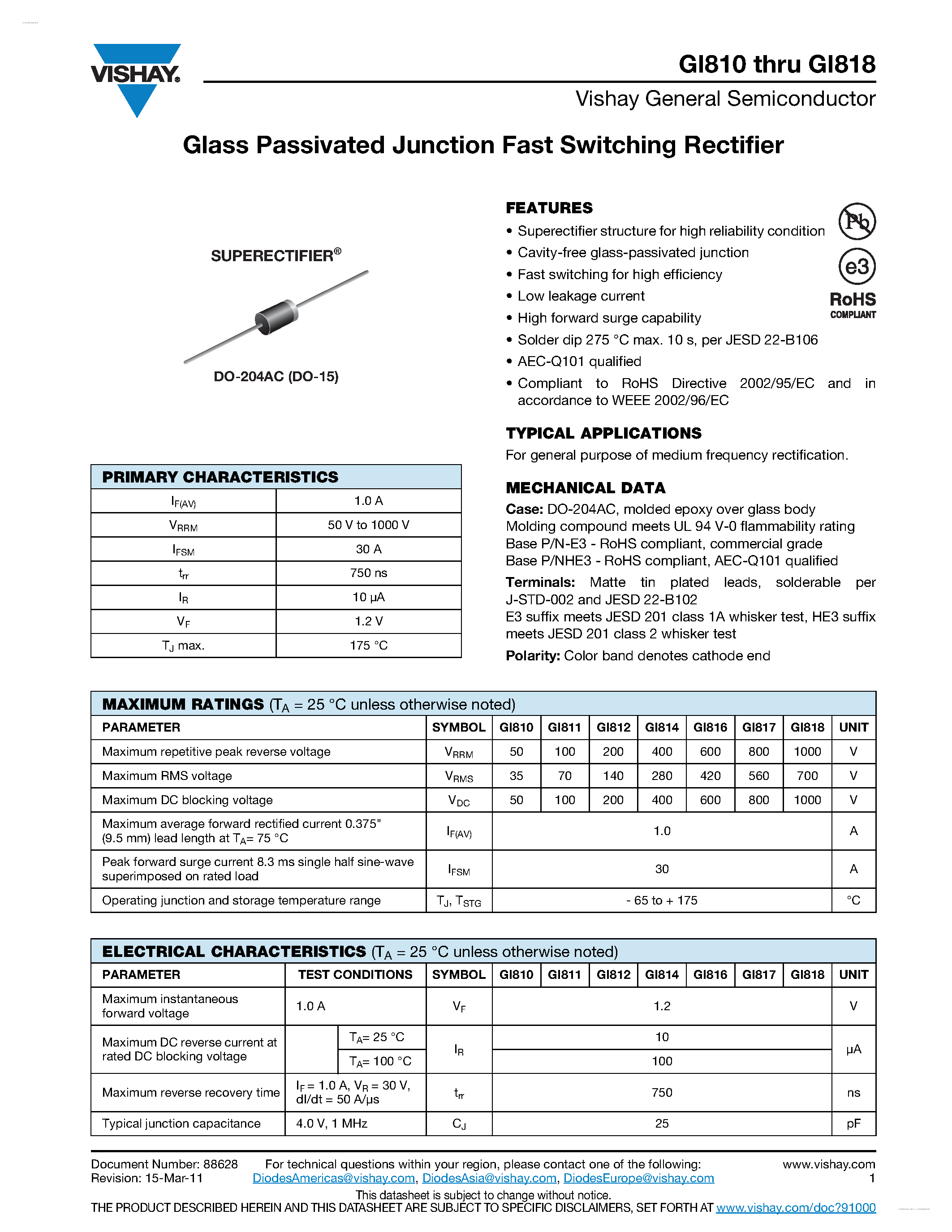 Datasheet GI810 page 1 Datasheet GI810 - (GI810 - GI818) Glass Passivated Junction Fast Switching Rectifier page 1