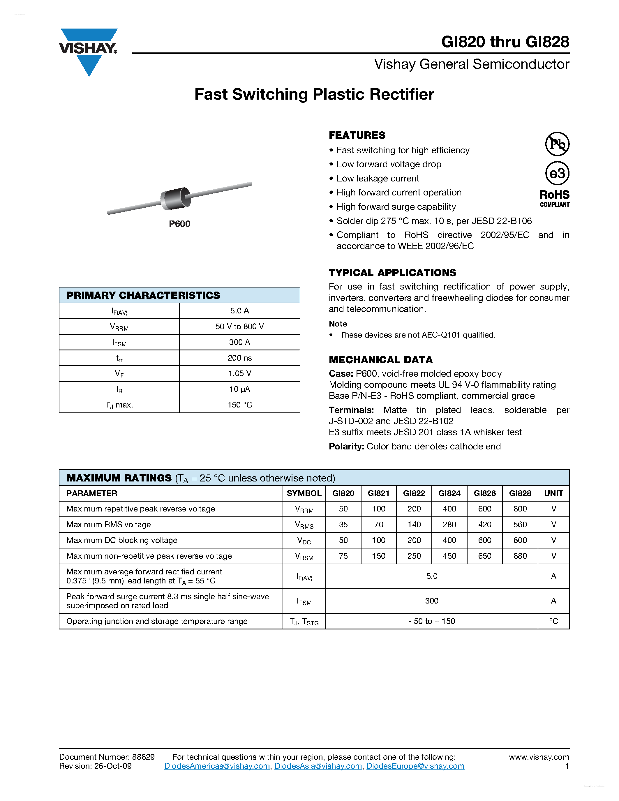 Datasheet GI820 page 1 Datasheet GI820 - (GI820 - GI828) Fast Switching Plastic Rectifier page 1