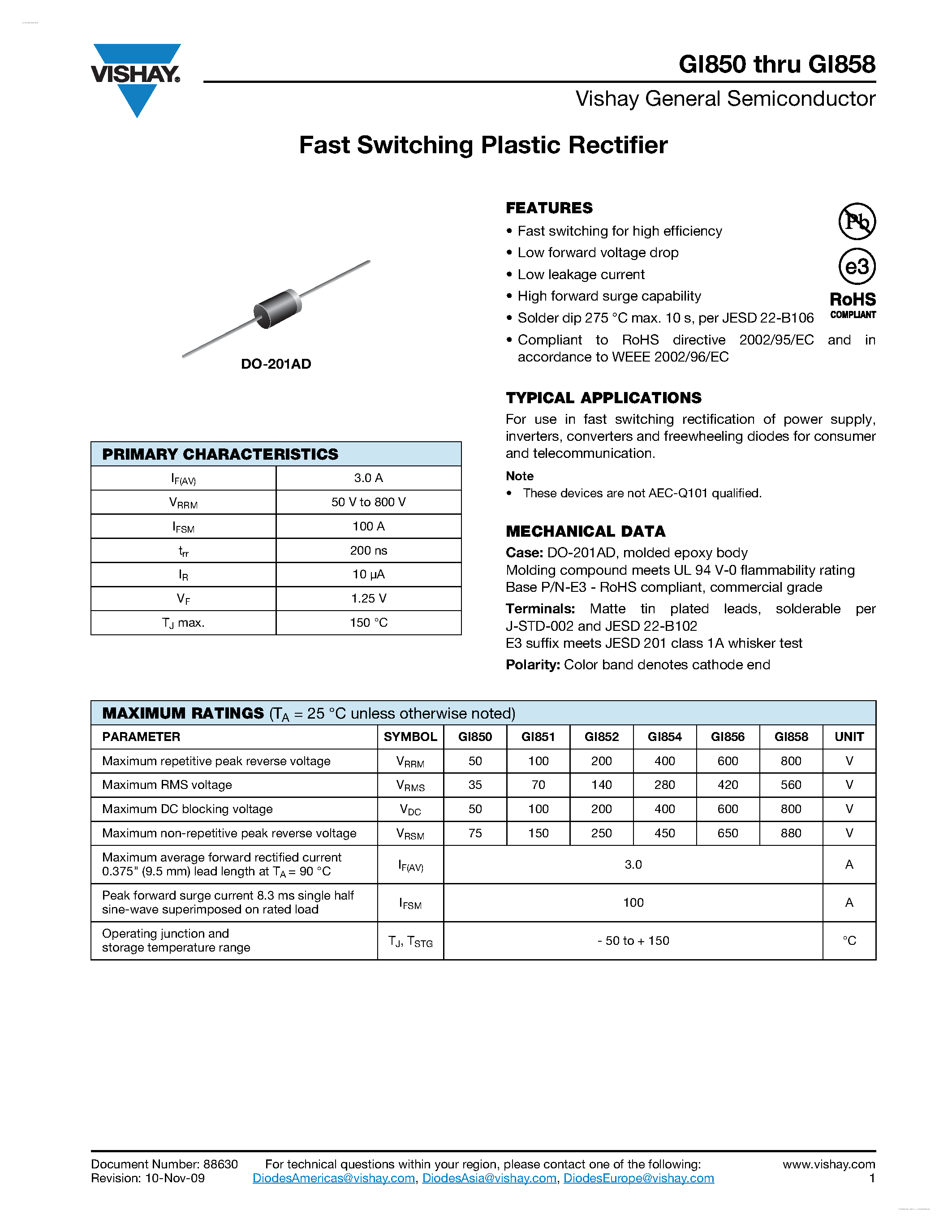 Datasheet GI850 page 1 Datasheet GI850 - (GI850 - GI858) Fast Switching Plastic Rectifier page 1