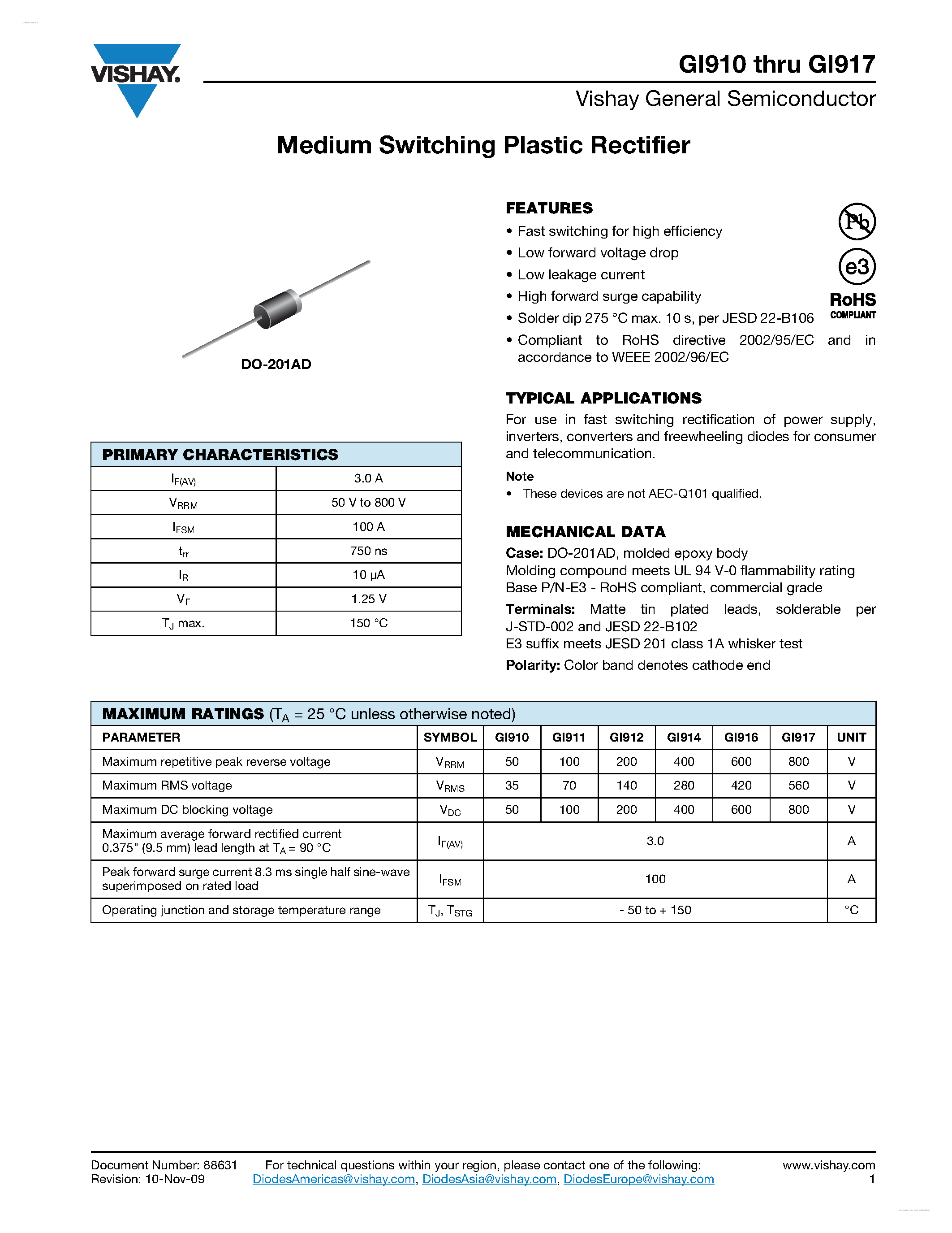 Datasheet GI910 page 1 Datasheet GI910 - (GI910 - GI917) Medium Switching Plastic Rectifier page 1