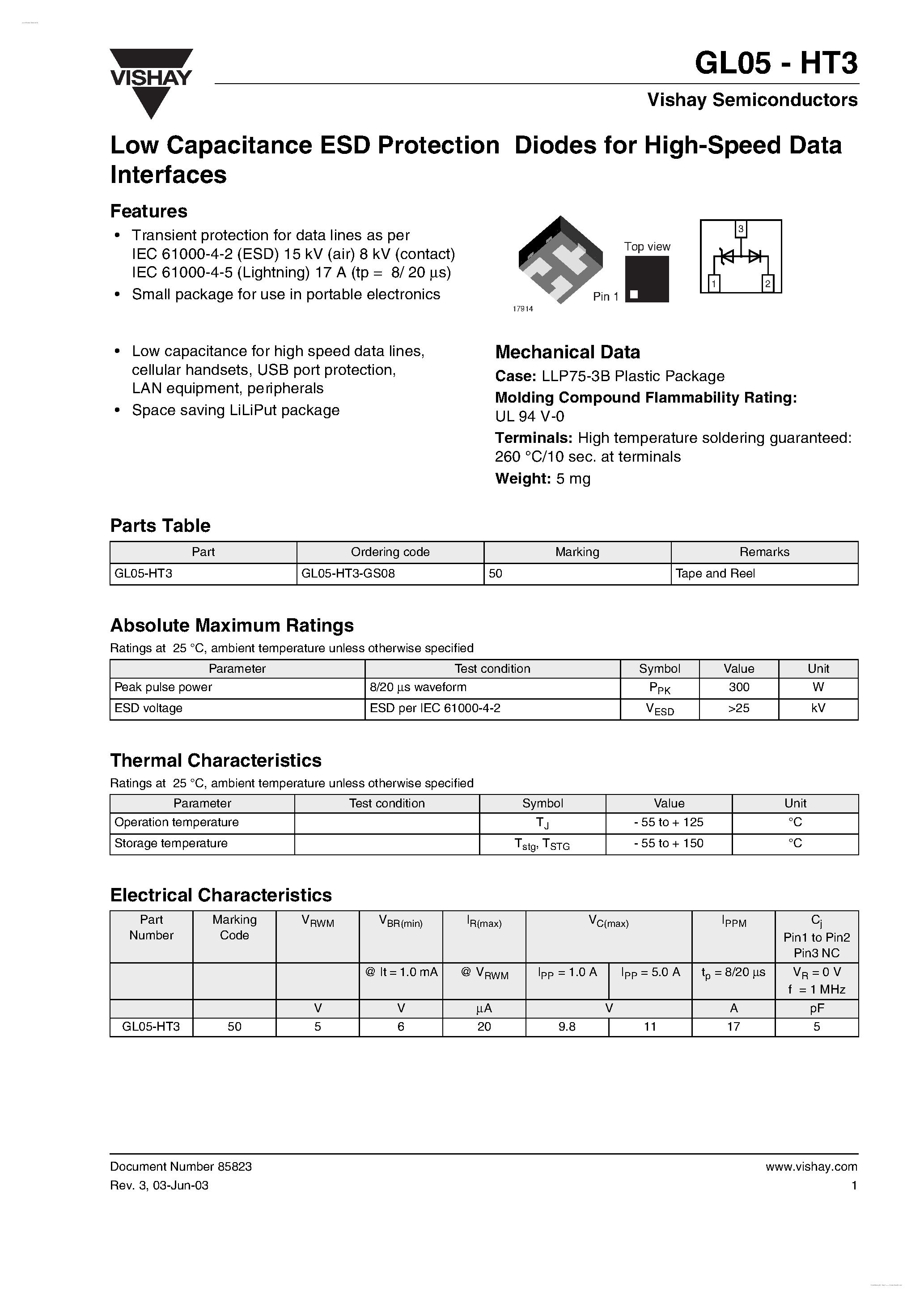 Даташит GL05-HT3 - Low Capacitance ESD Protection Diodes страница 1