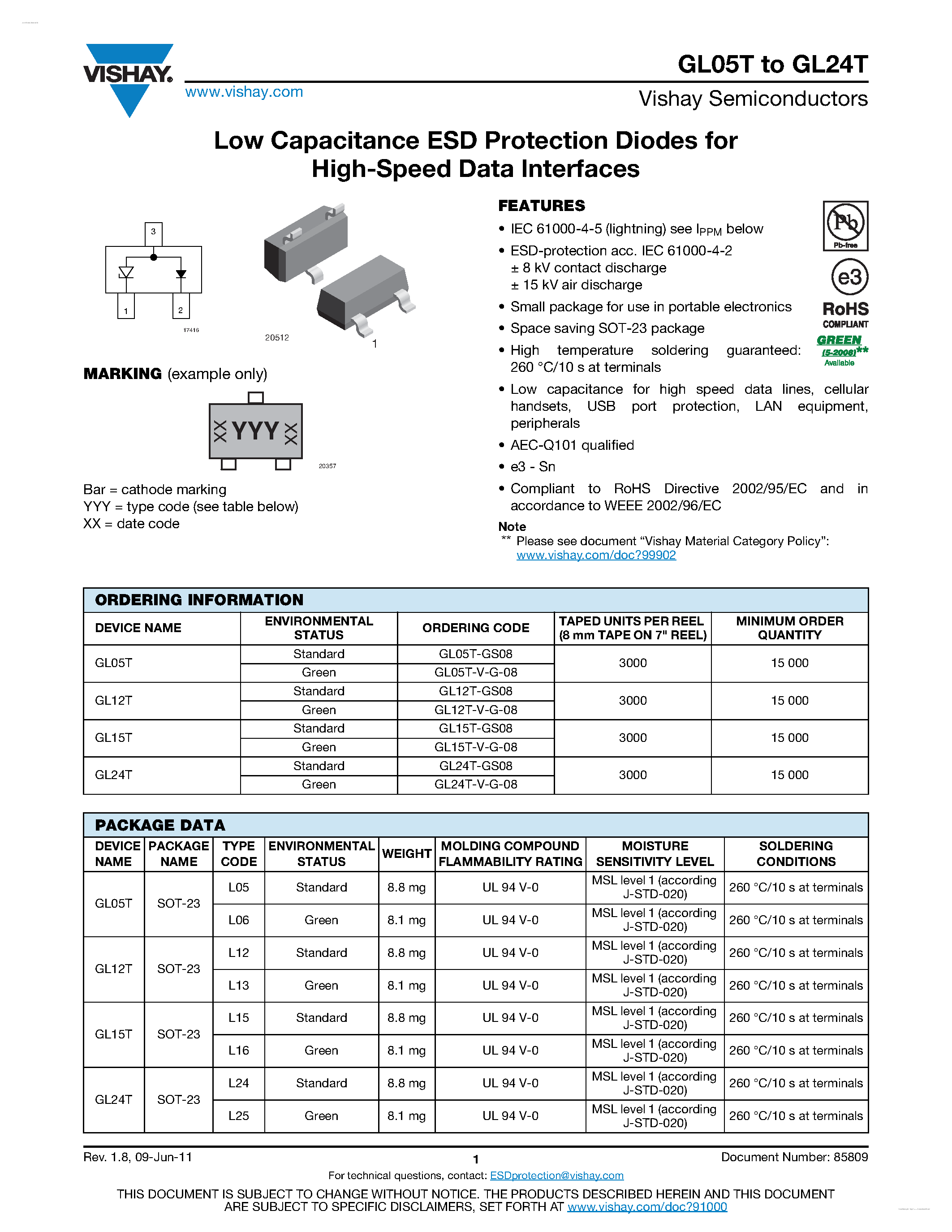 Даташит на микросхему GL05T страница 1 Даташит GL05T - Low Capacitance ESD Protection Diodes страница 1