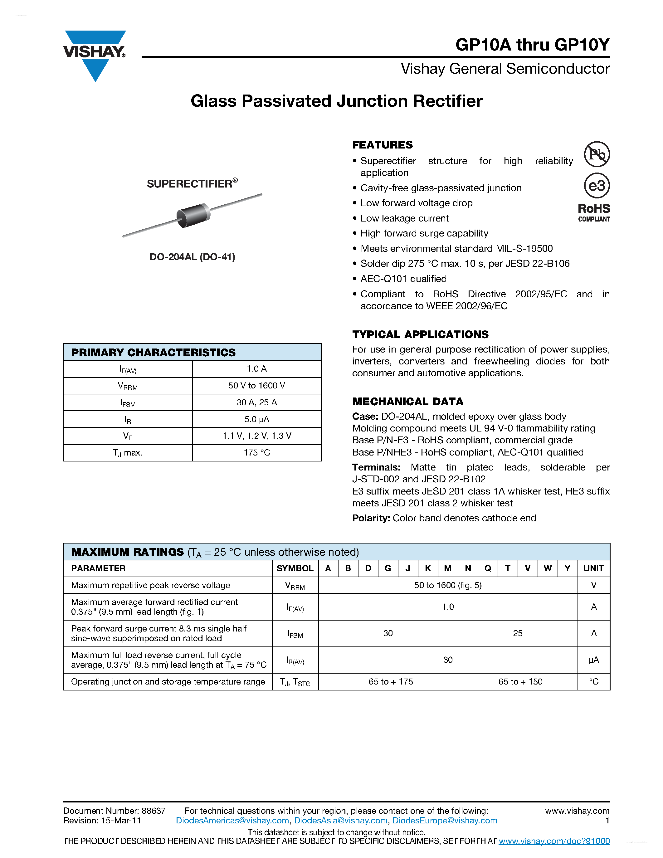 Datasheet GP10A page 1 Datasheet GP10A - Glass Passivated Junction Rectifier page 1