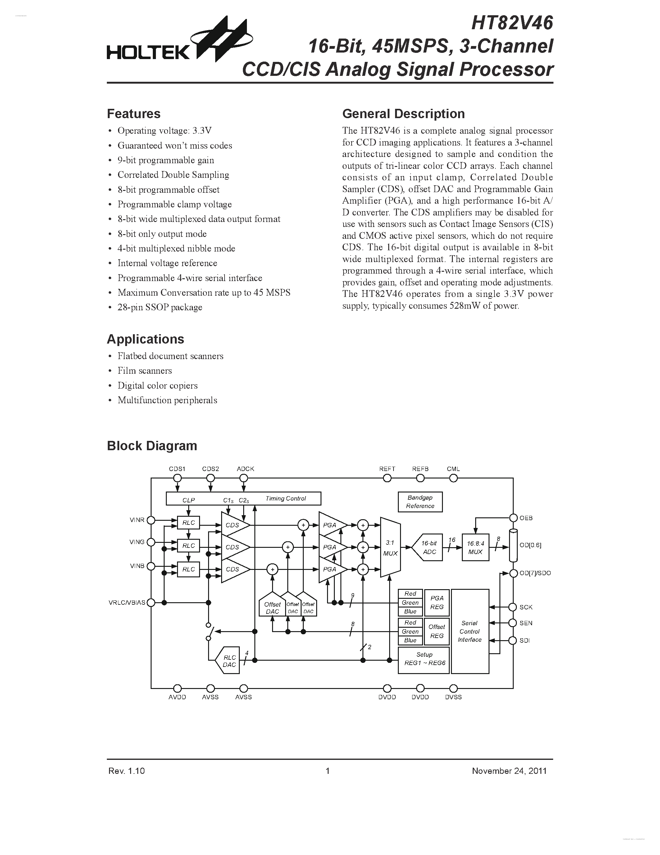 Даташит HT82V46 - 3-Channel CCD/CIS Analog Signal Processor страница 1