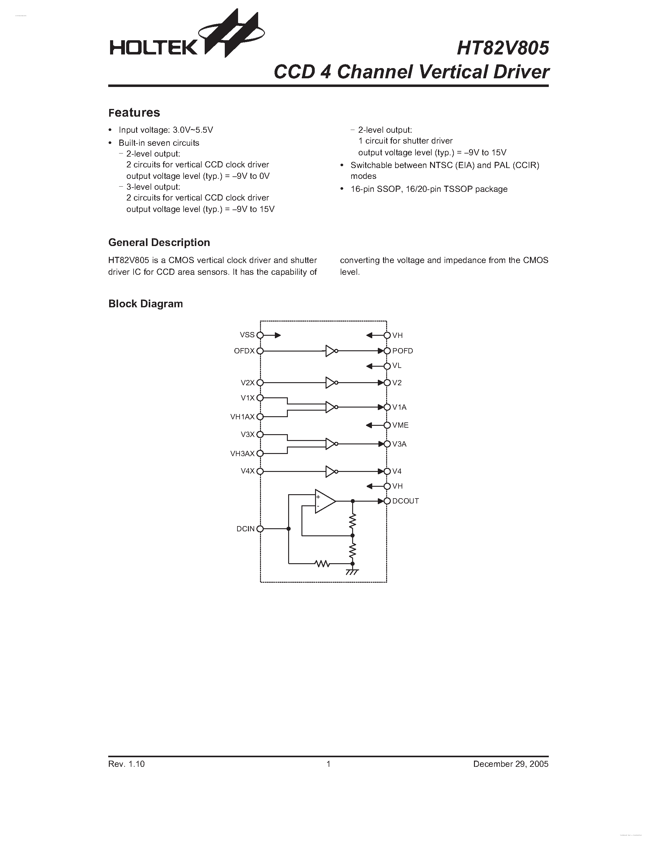 Даташит HT82V805 - CCD 4 Channel Vertical Driver страница 1