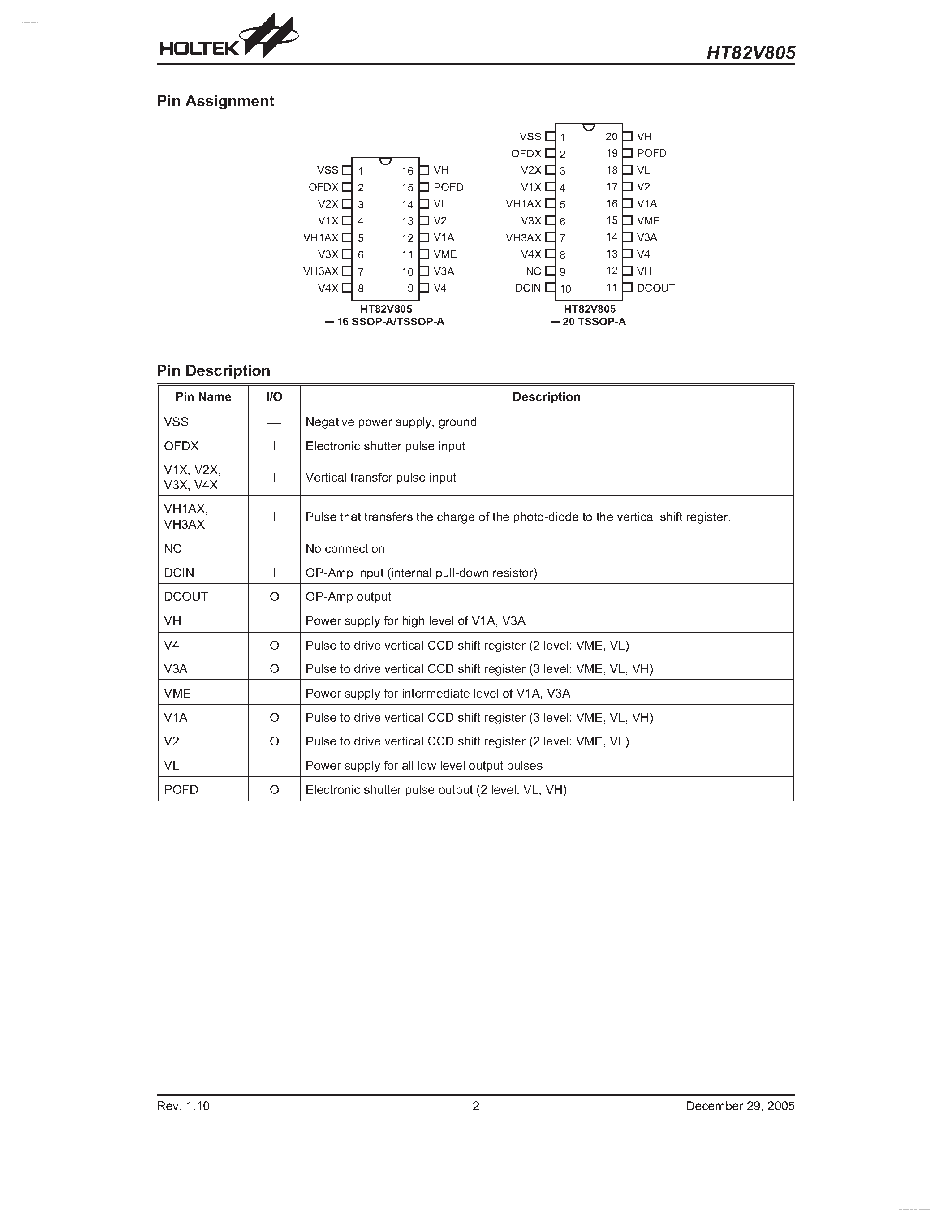 Даташит HT82V805 - CCD 4 Channel Vertical Driver страница 2