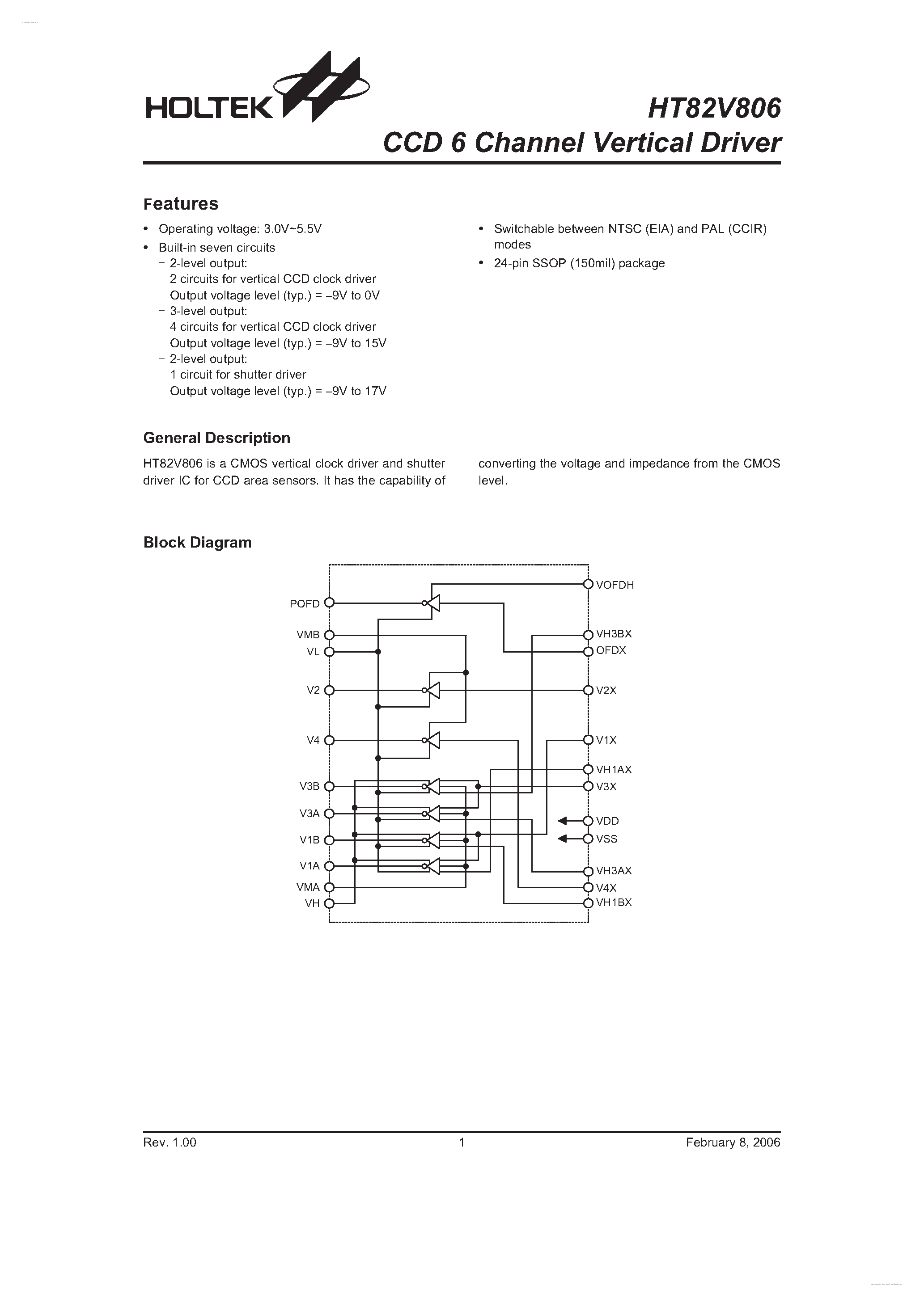 Datasheet HT82V806 - CCD 6 Channel Vertical Driver page 1