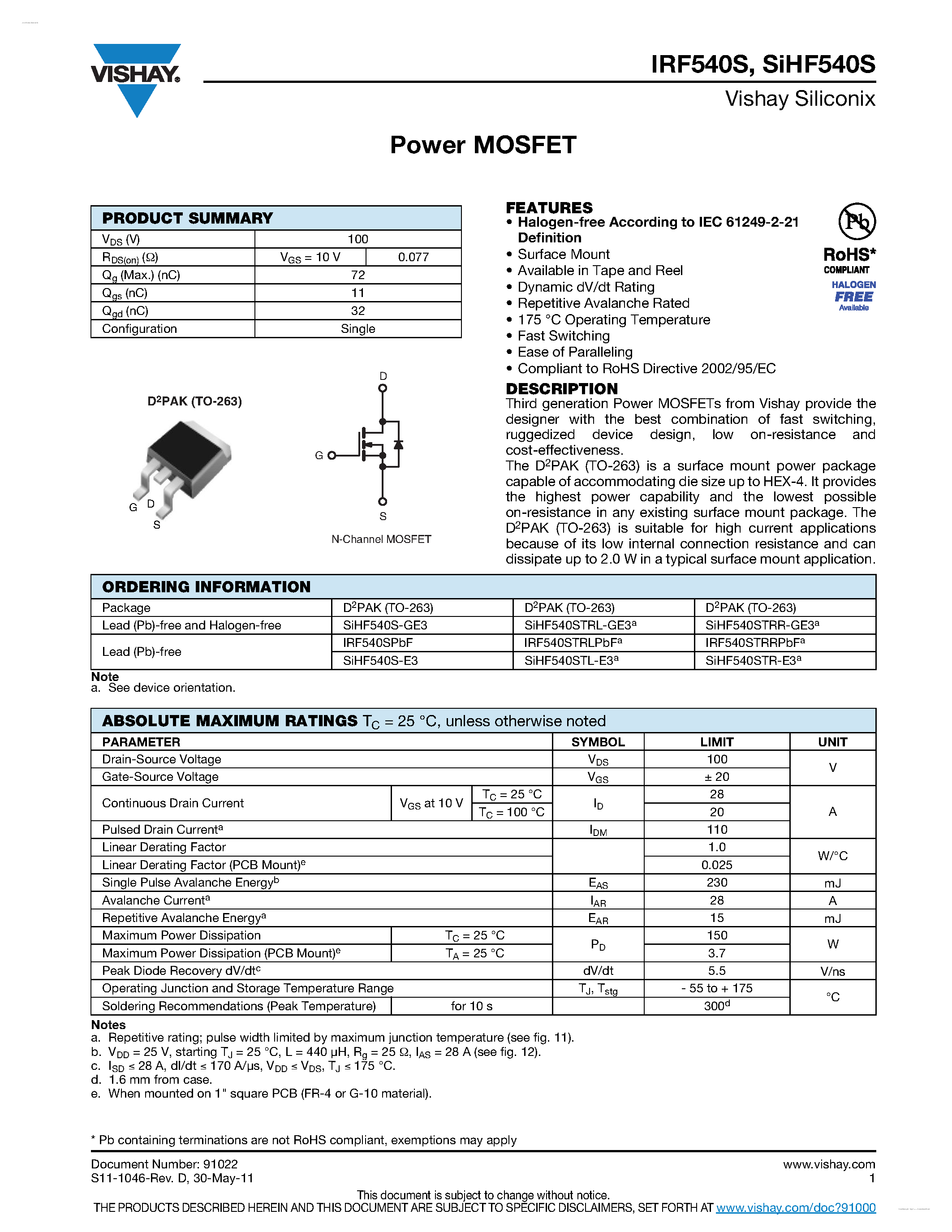 Datasheet IRF540S - Power MOSFET page 1