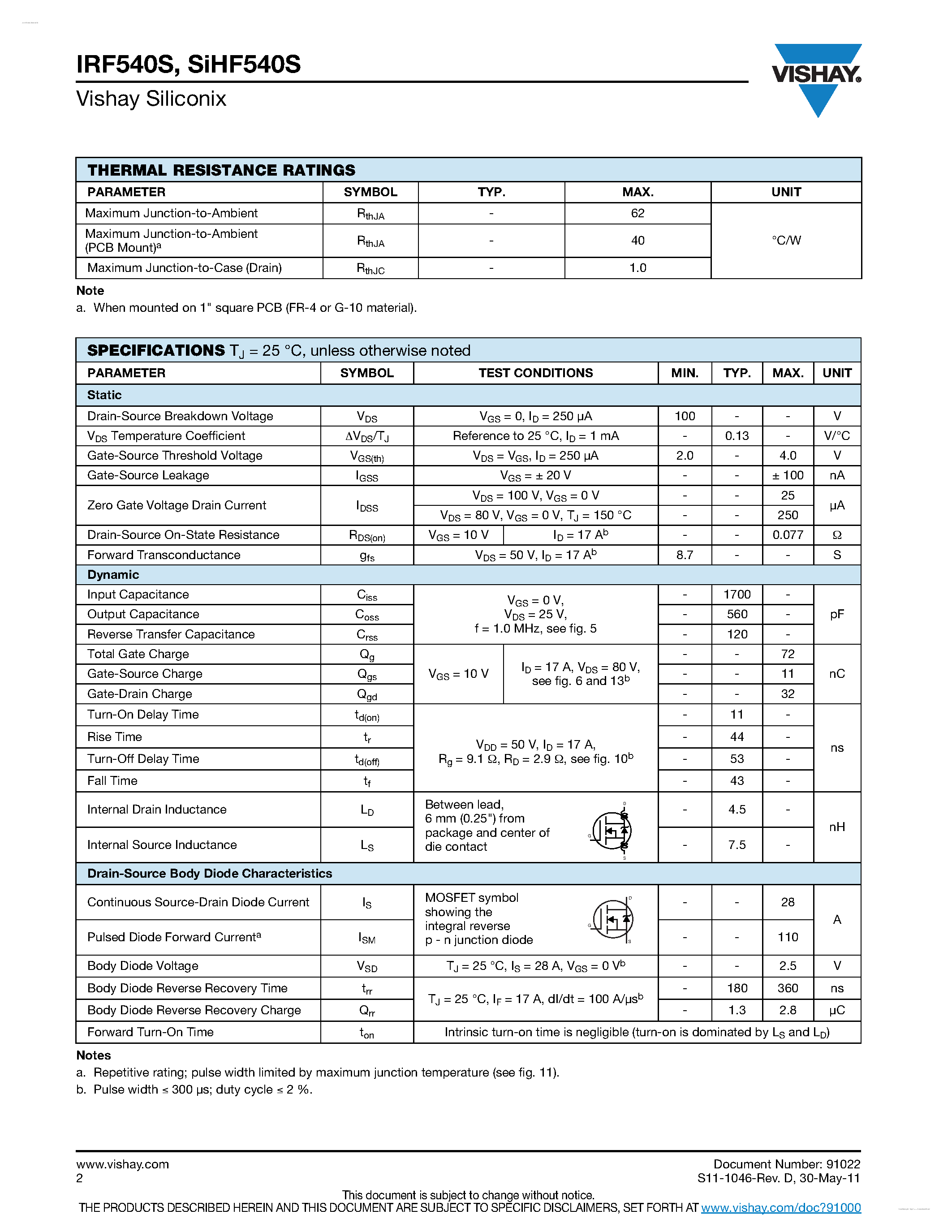 Datasheet IRF540S - Power MOSFET page 2