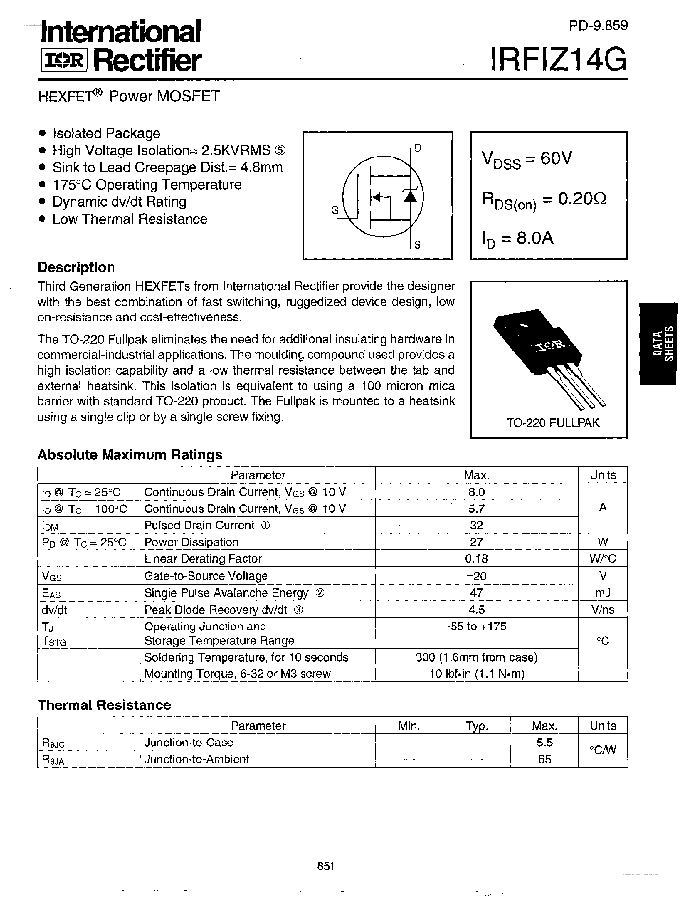 Datasheet IRFIZ14G - HEXFET Power MOSFET page 1