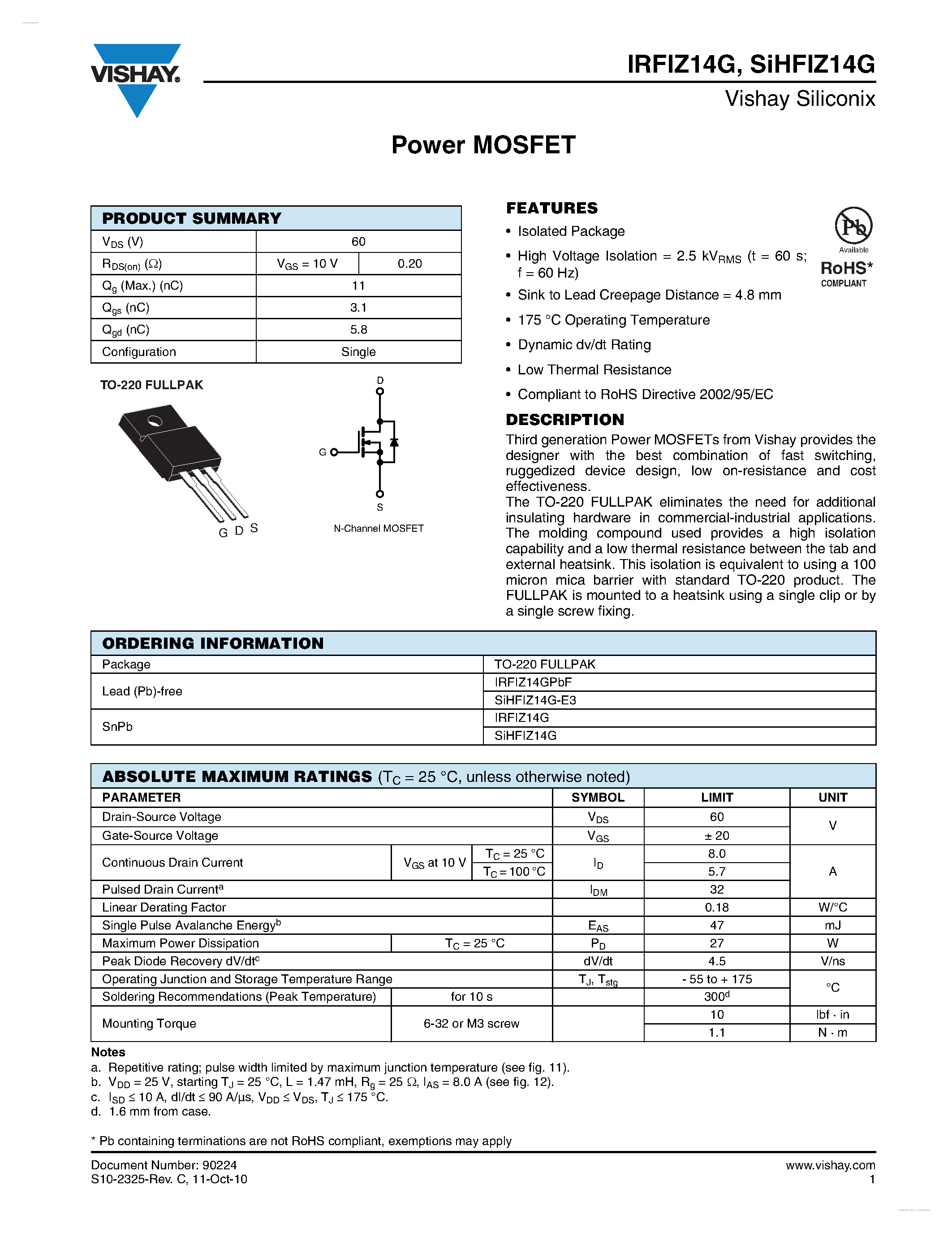Datasheet IRFIZ14G - Power MOSFET page 1