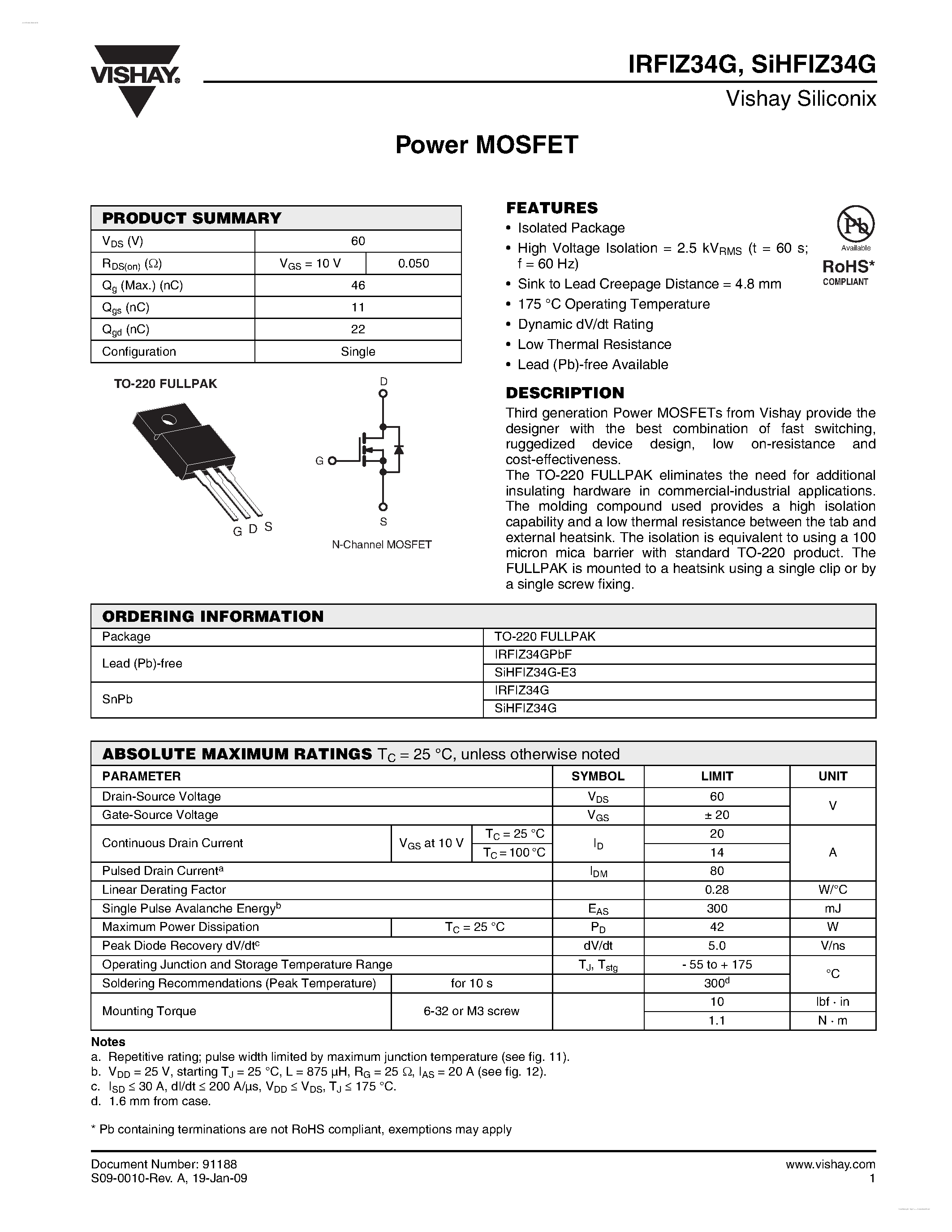 Datasheet IRFIZ34G - Power MOSFET page 1