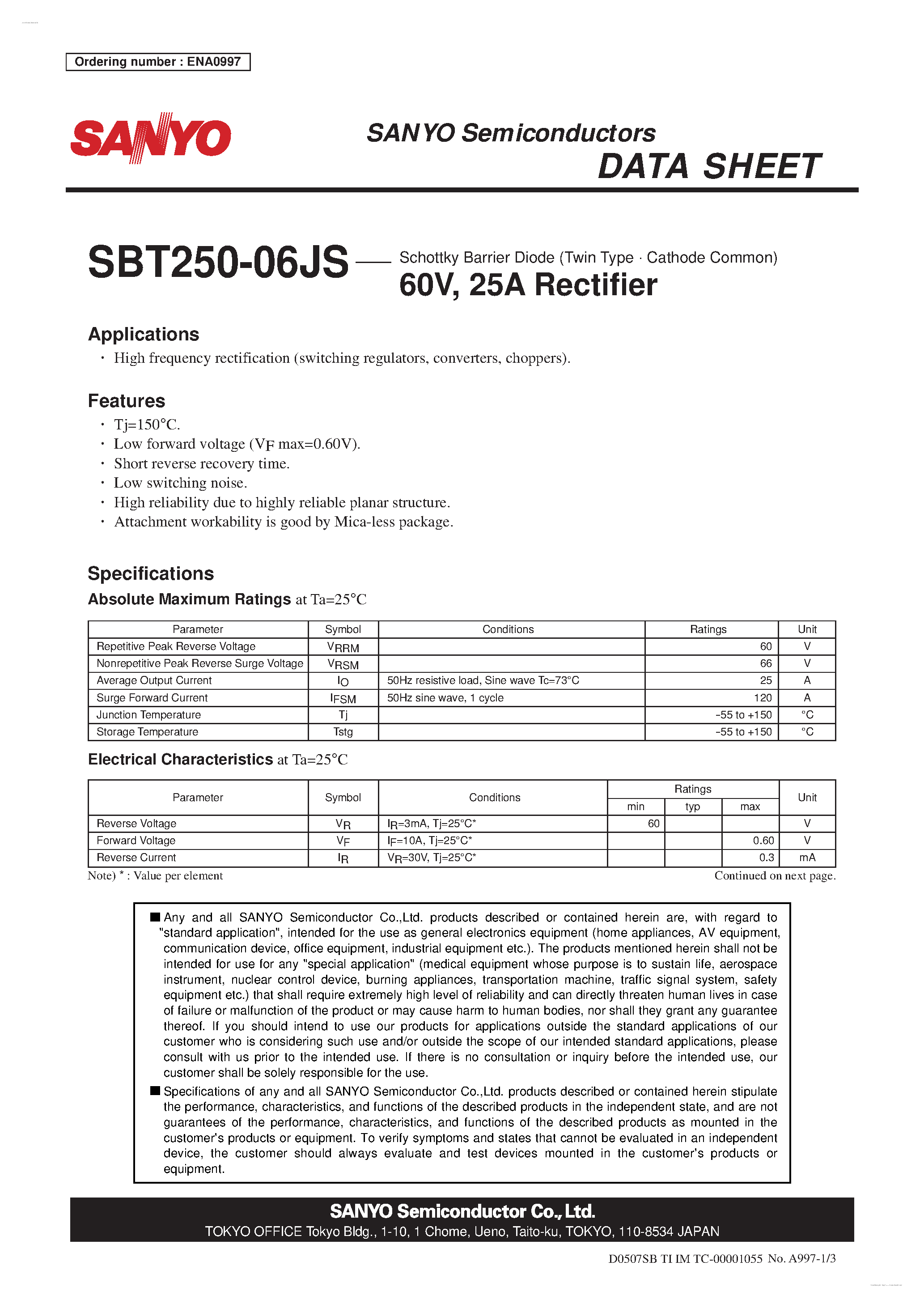 Datasheet SBT250-06JS page 1 Datasheet SBT250-06JS - Rectifier page 1