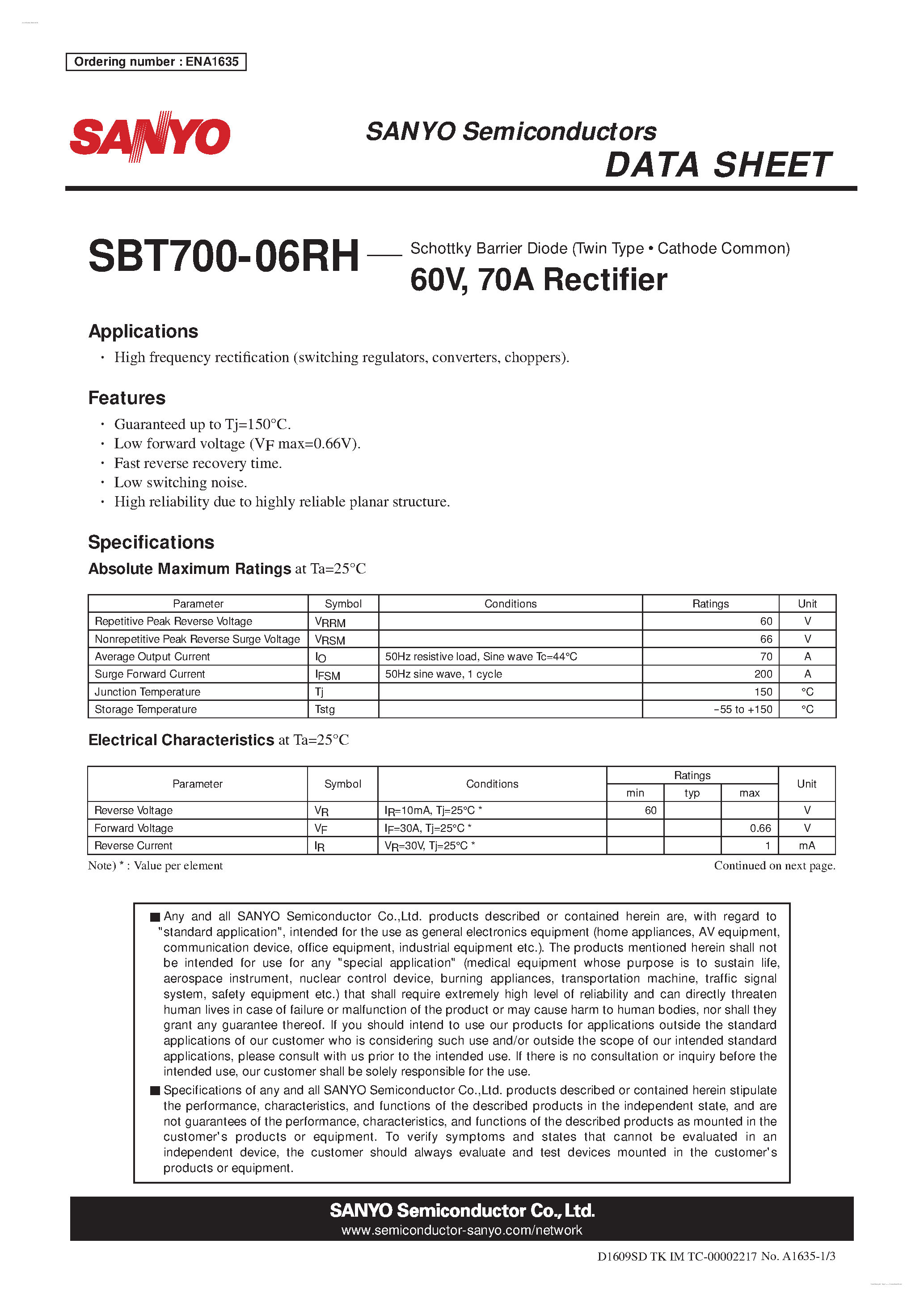 Datasheet SBT700-06RH page 1 Datasheet SBT700-06RH - Rectifier page 1