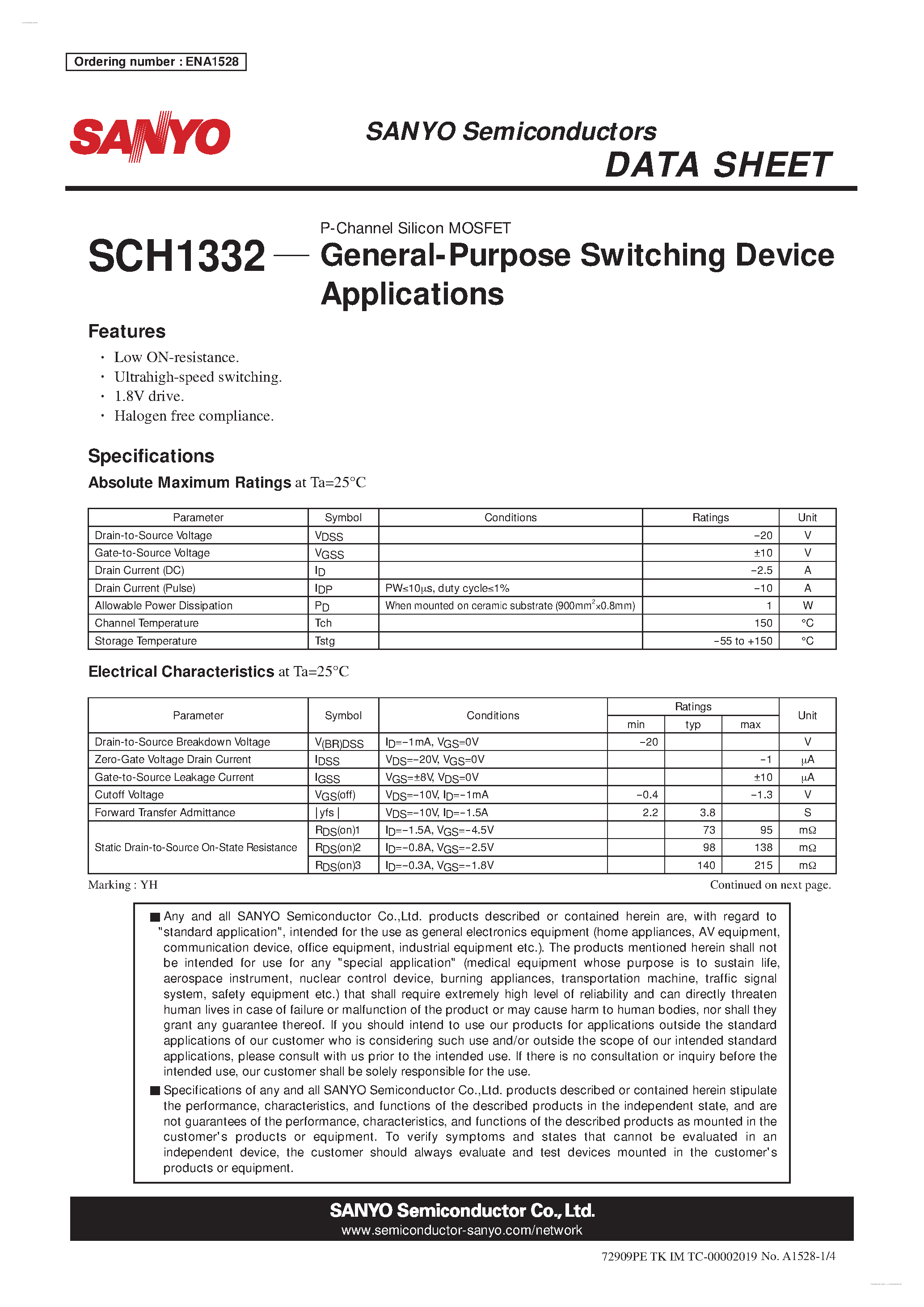 Datasheet SCH1332 - P-Channel Silicon MOSFET page 1