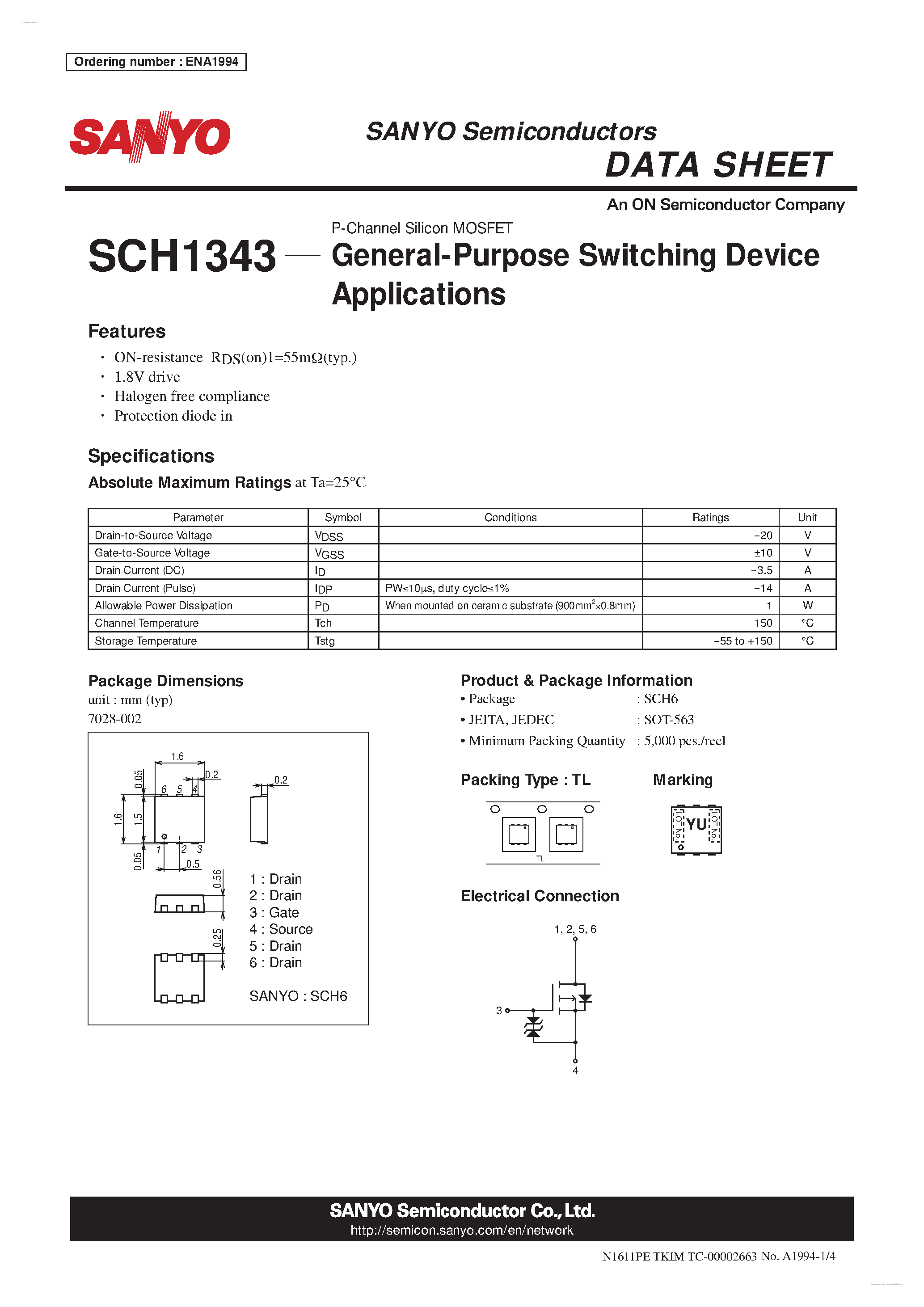 Даташит SCH1343 - P-Channel Silicon MOSFET страница 1