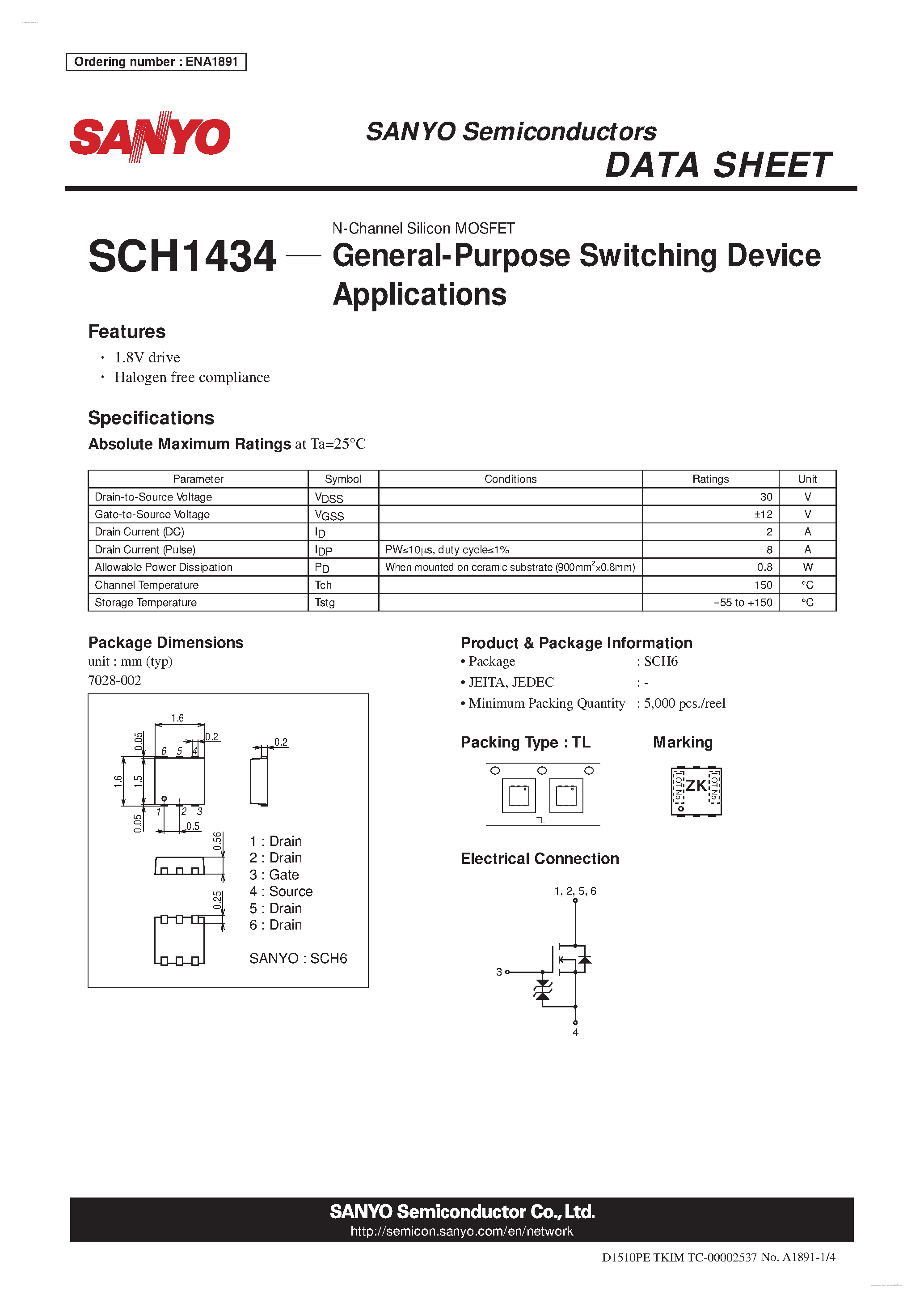 Datasheet SCH1434 page 1 Datasheet SCH1434 - N-Channel Silicon MOSFET page 1