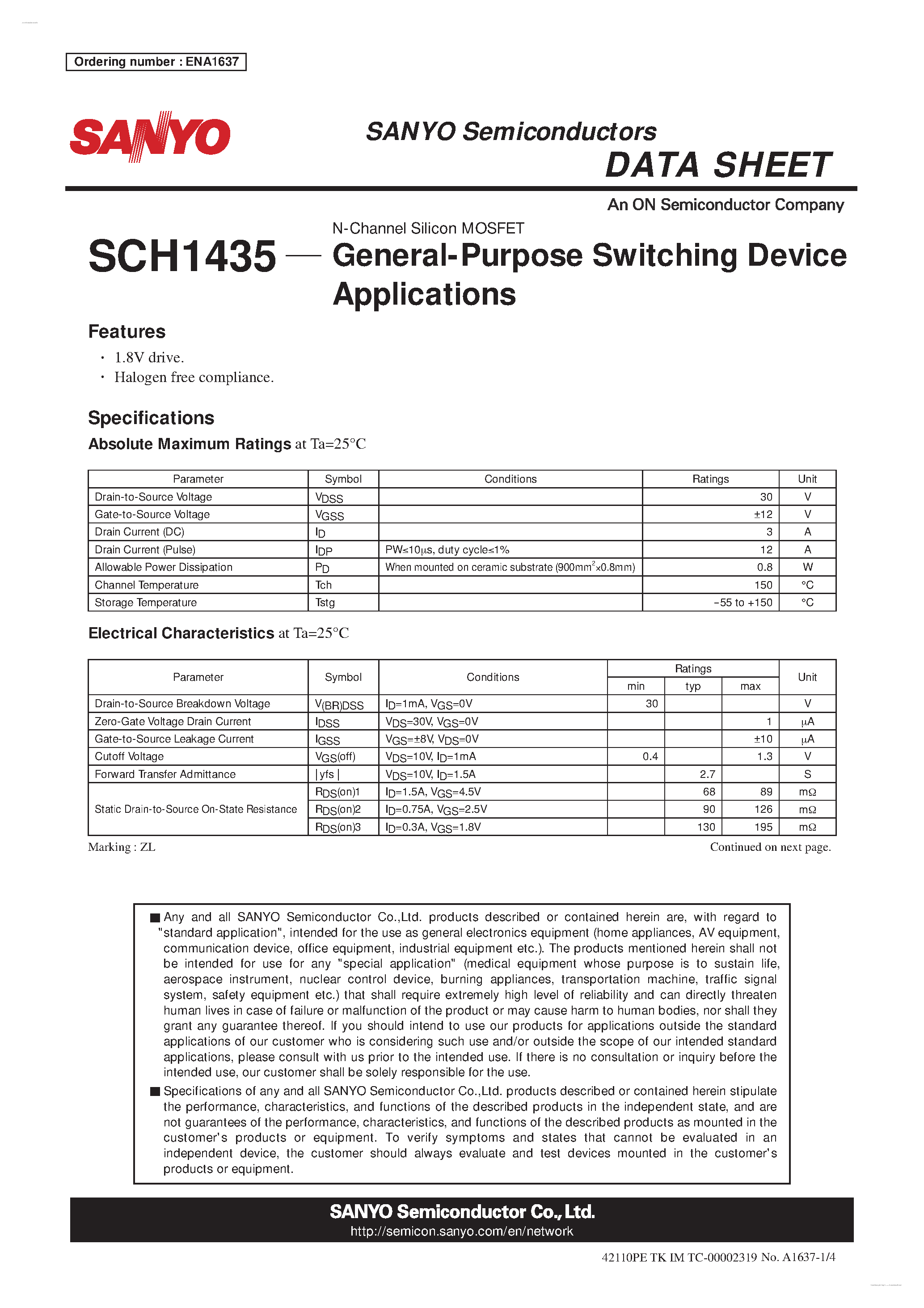 Datasheet SCH1435 page 1 Datasheet SCH1435 - N-Channel Silicon MOSFET page 1