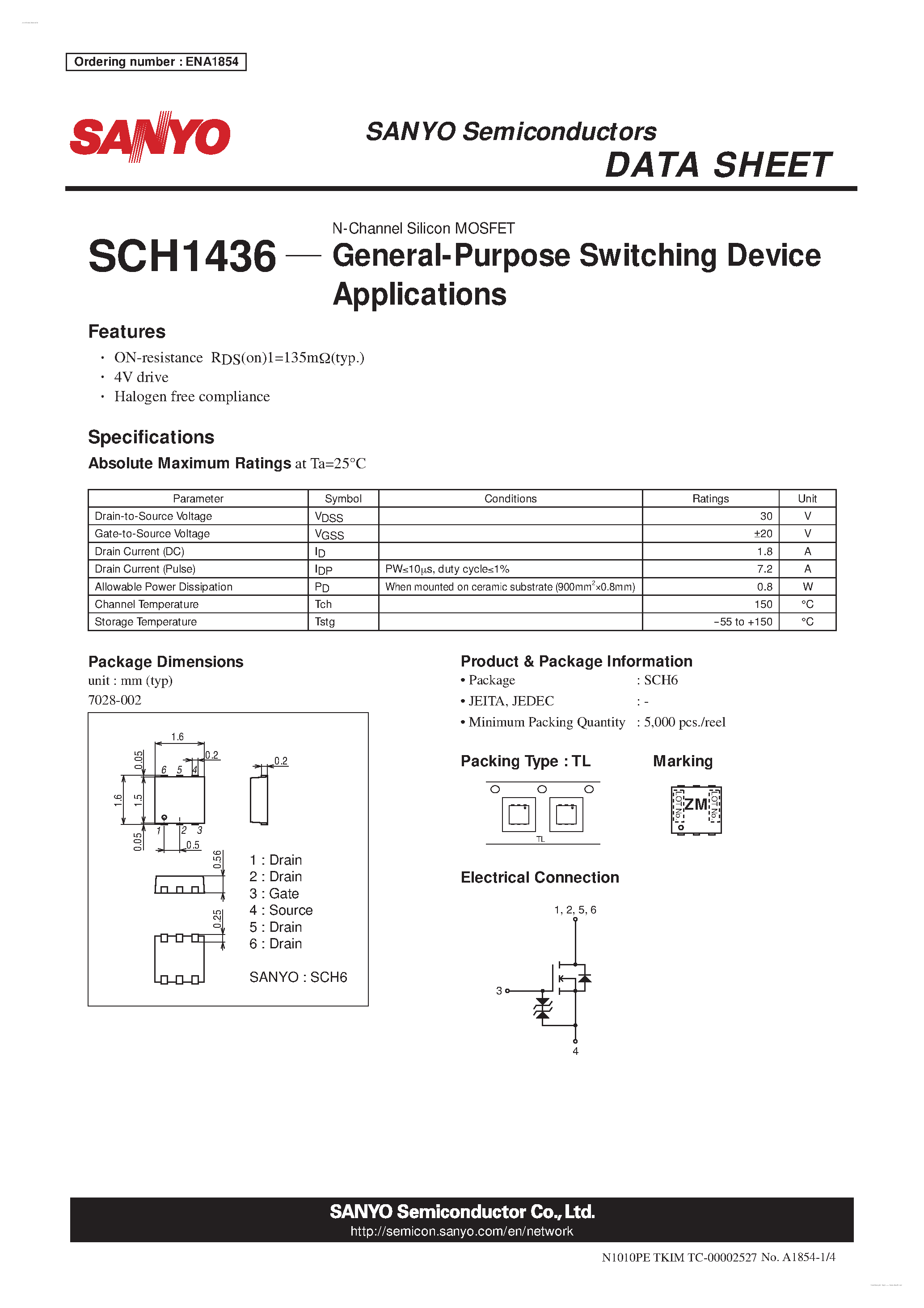 Datasheet SCH1436 - N-Channel Silicon MOSFET page 1
