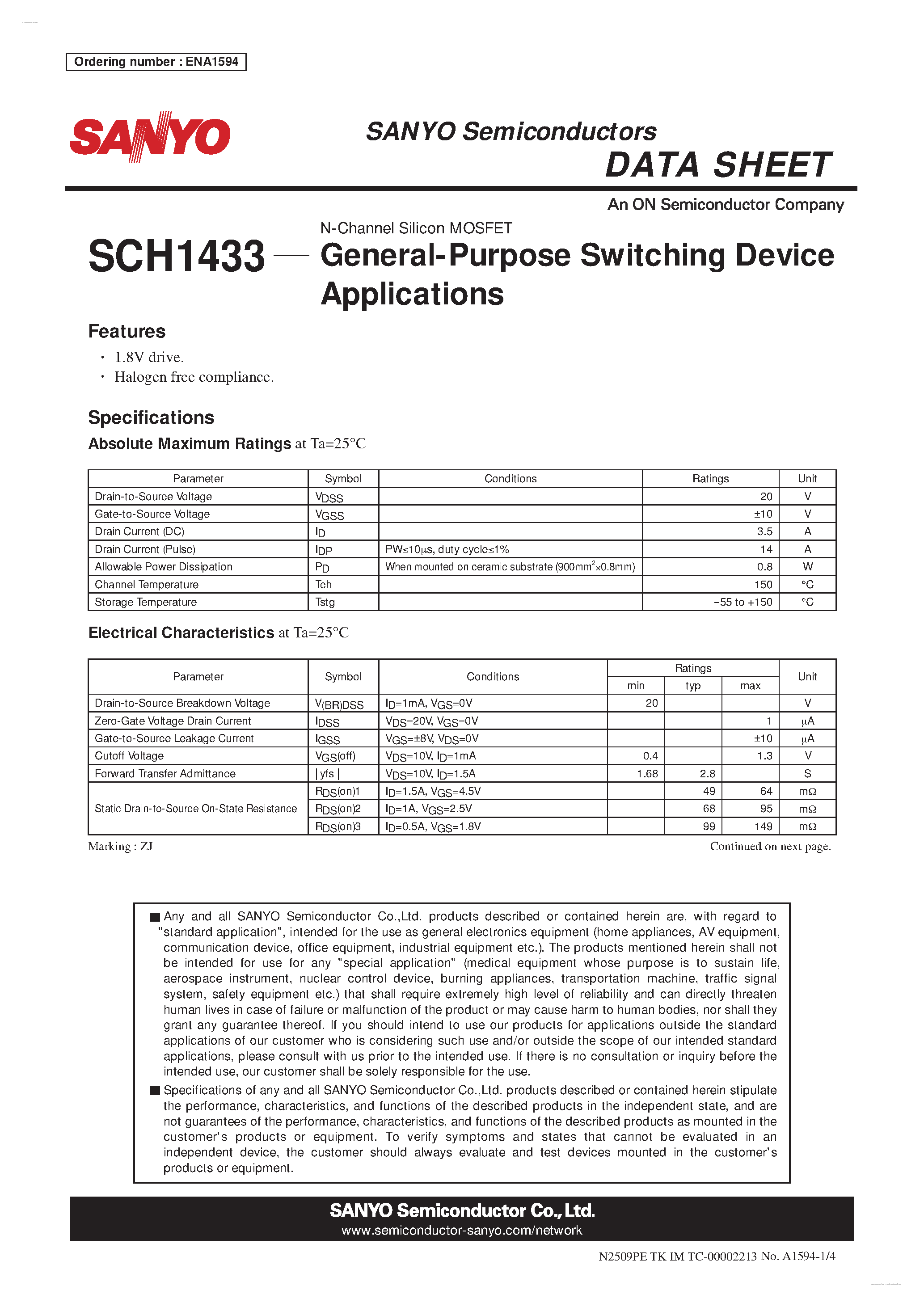 Datasheet SCH1433 - N-Channel Silicon MOSFET page 1