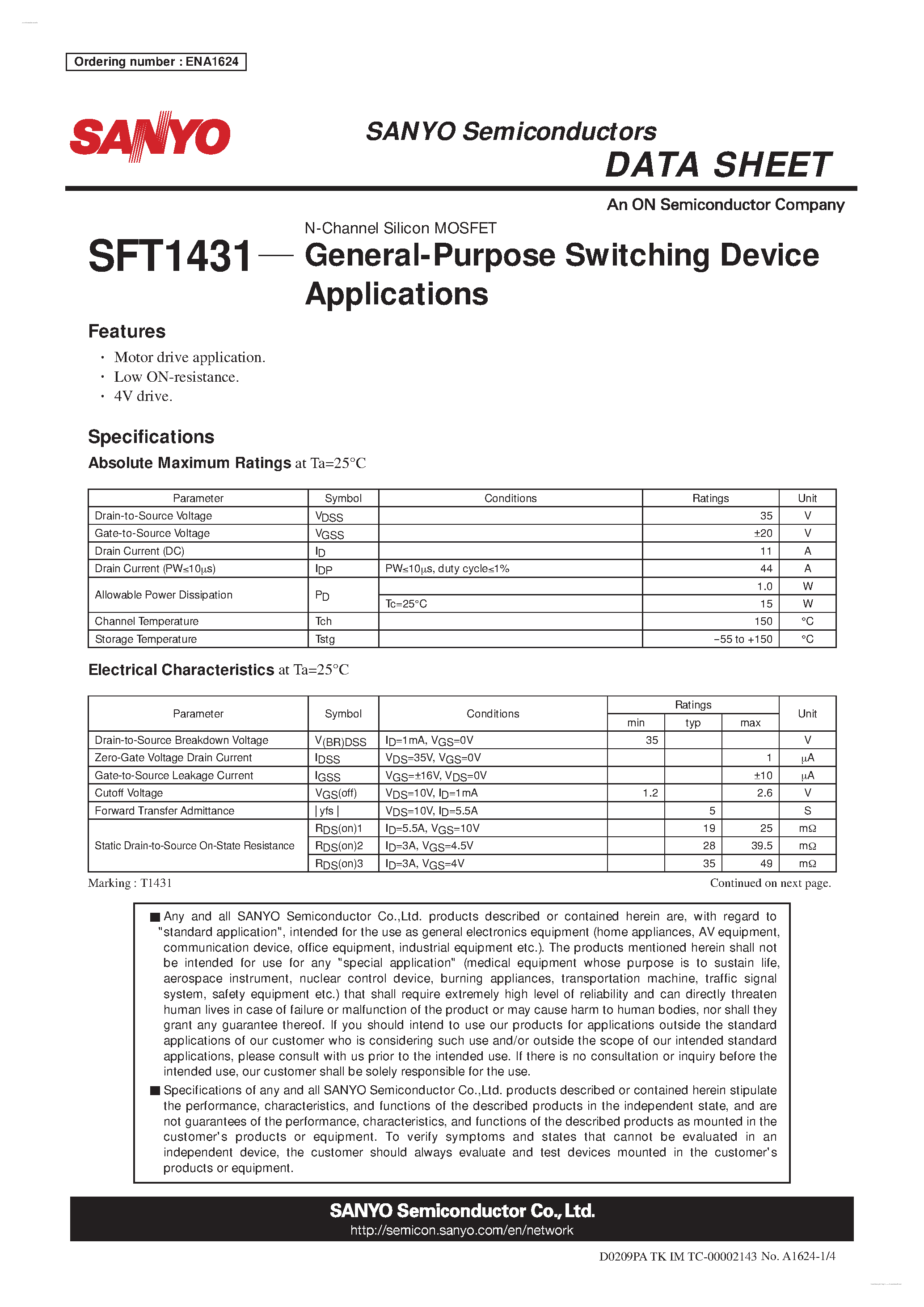 Datasheet SFT1431 page 1 Datasheet SFT1431 - N-Channel Silicon MOSFET page 1