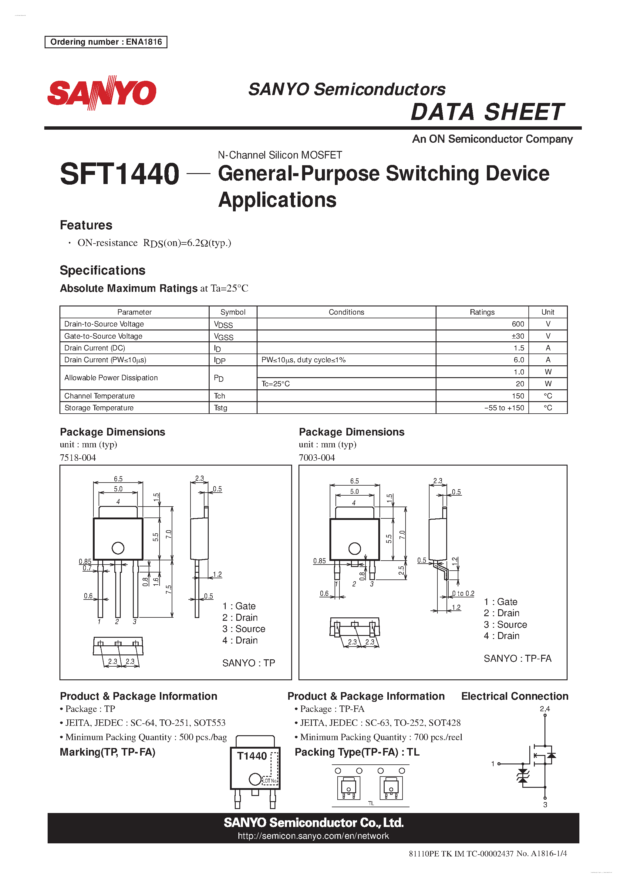 Datasheet SFT1440 page 1 Datasheet SFT1440 - N-Channel Silicon MOSFET page 1