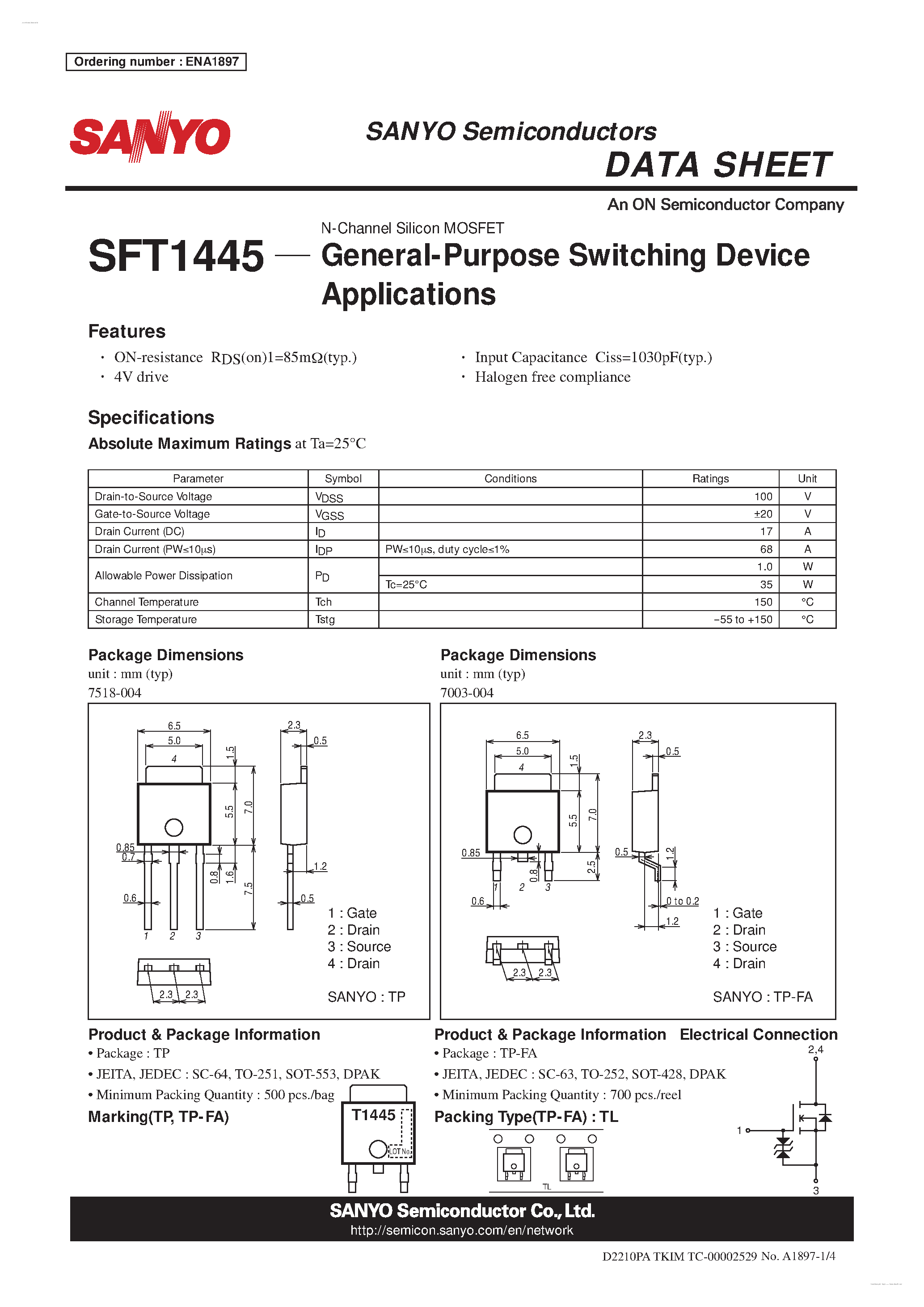 Даташит на микросхему SFT1445 страница 1 Даташит SFT1445 - N-Channel Silicon MOSFET страница 1