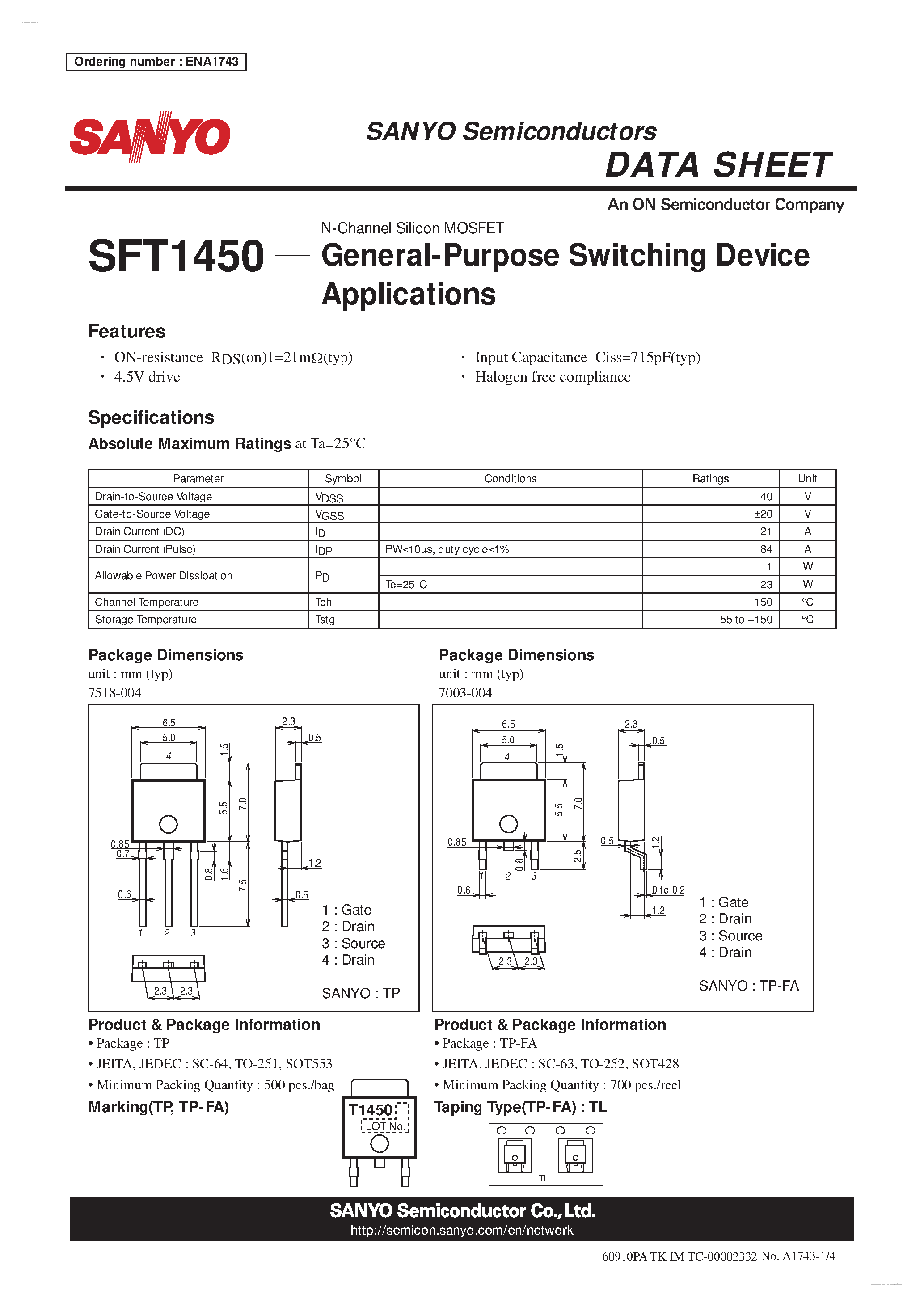 Datasheet SFT1450 page 1 Datasheet SFT1450 - N-Channel Silicon MOSFET page 1