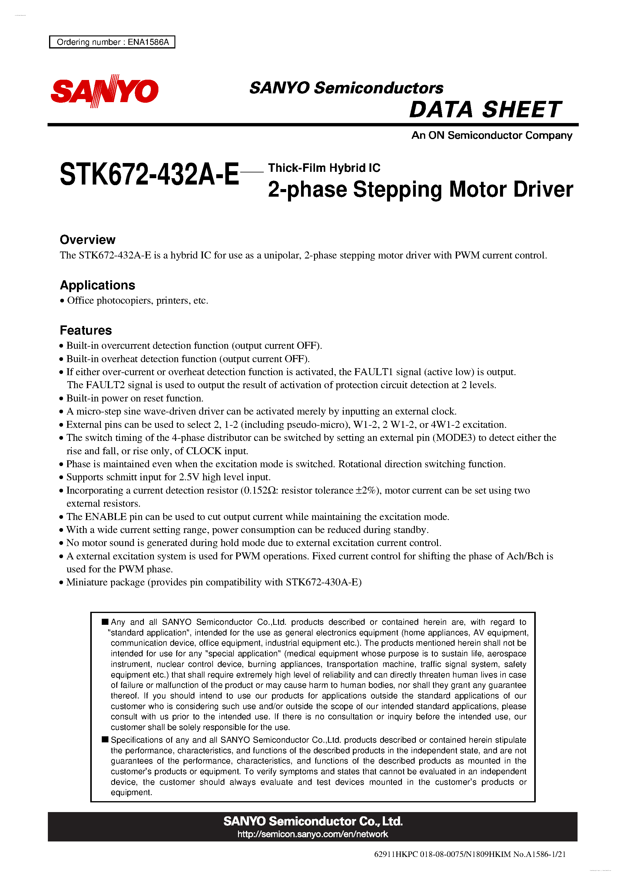 Даташит на микросхему STK672-432A-E страница 1 Даташит STK672-432A-E - 2-phase Stepping Motor Driver страница 1