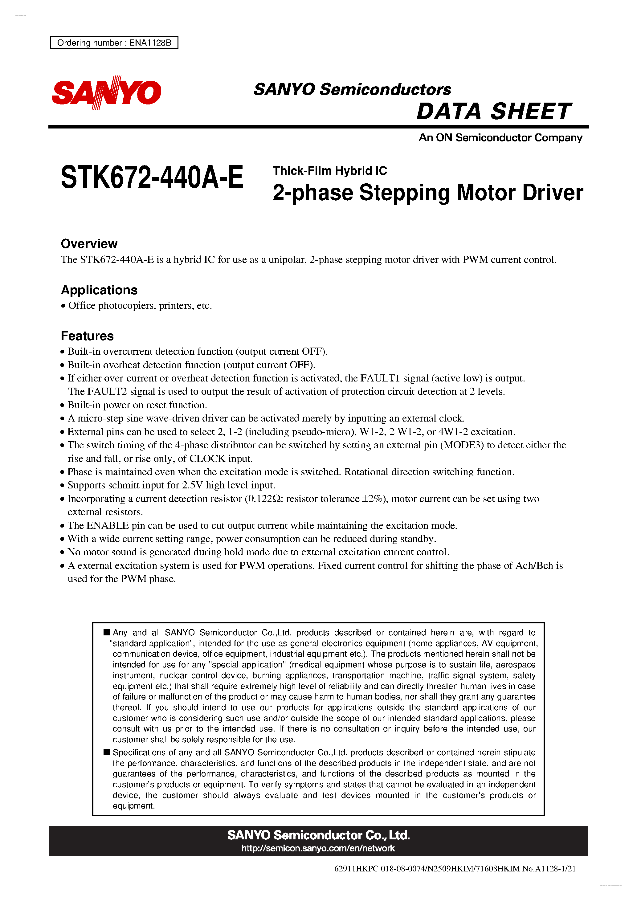 Даташит на микросхему STK672-440A-E страница 1 Даташит STK672-440A-E - 2-phase Stepping Motor Driver страница 1