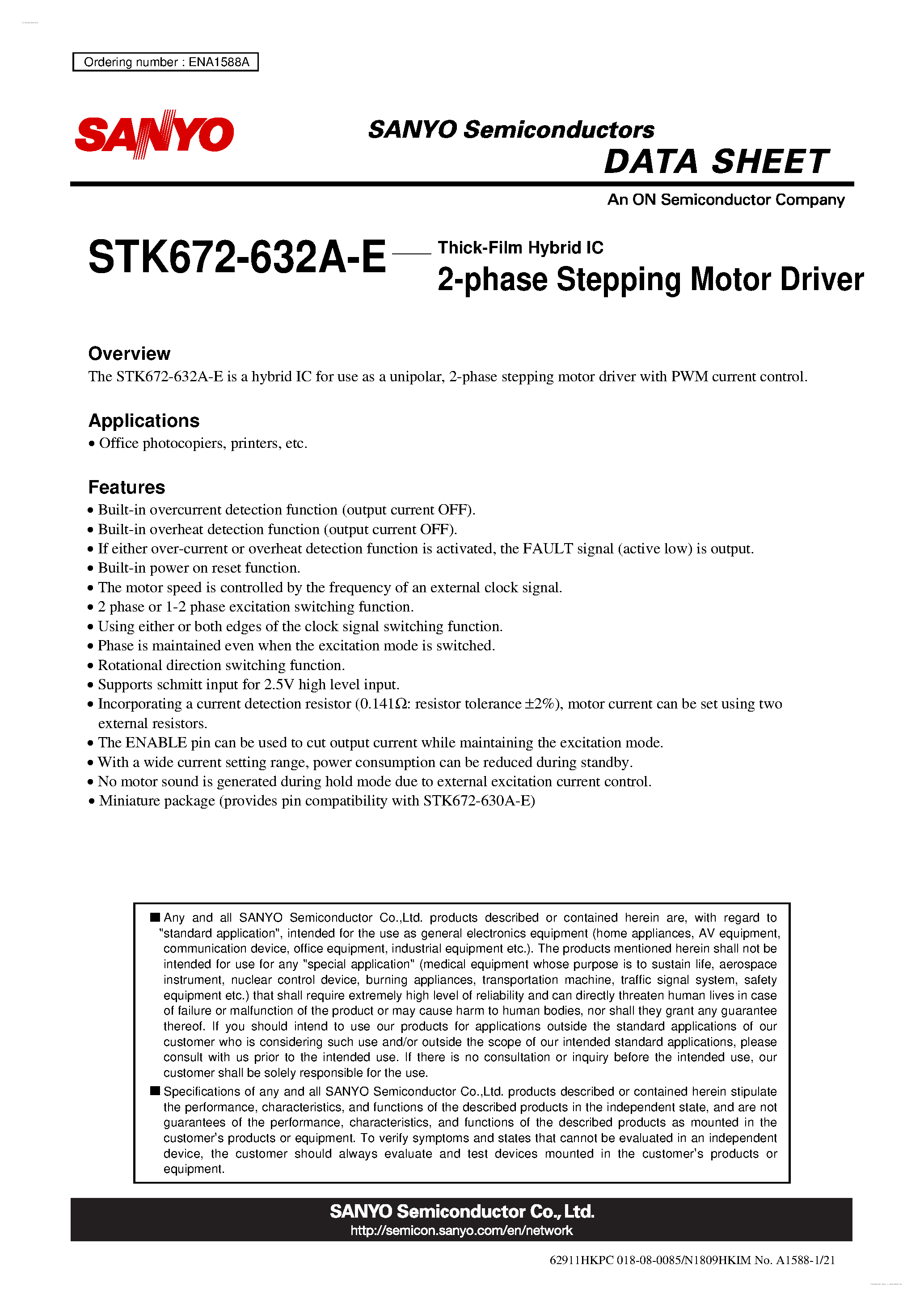 Datasheet STK672-632A-E - 2-phase Stepping Motor Driver page 1