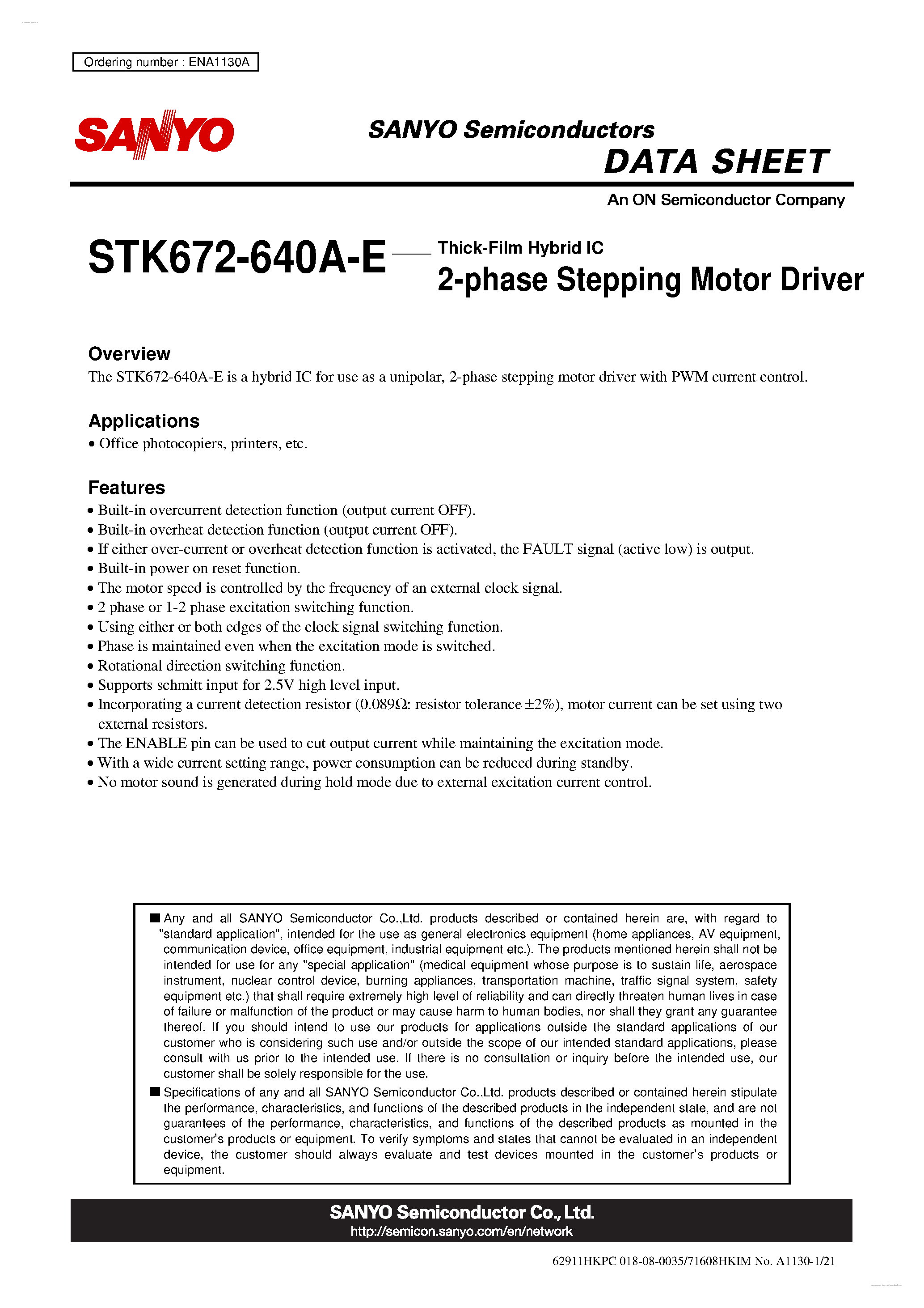 Даташит STK672-640A-E - 2-phase Stepping Motor Driver страница 1