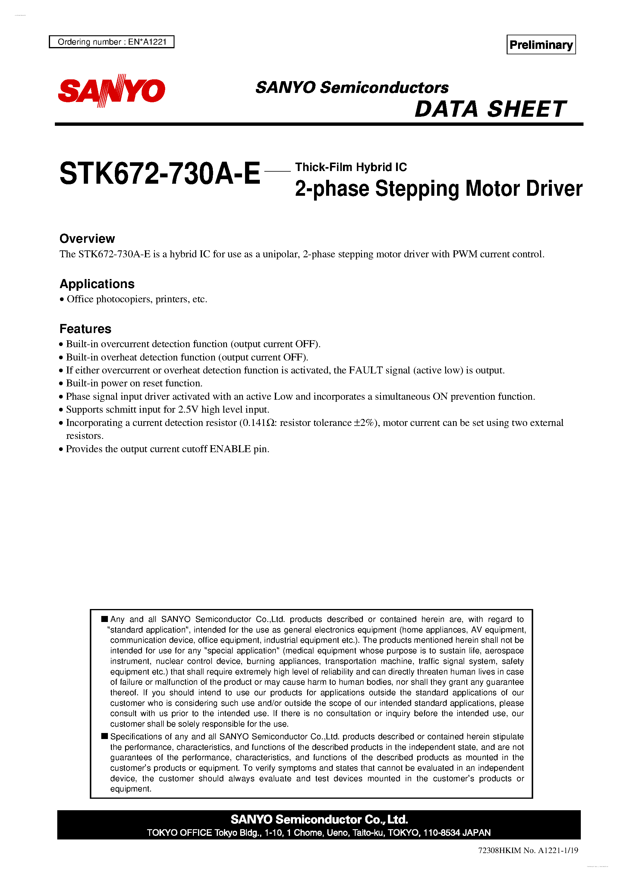 Datasheet STK672-730A-E - 2-phase Stepping Motor Driver page 1