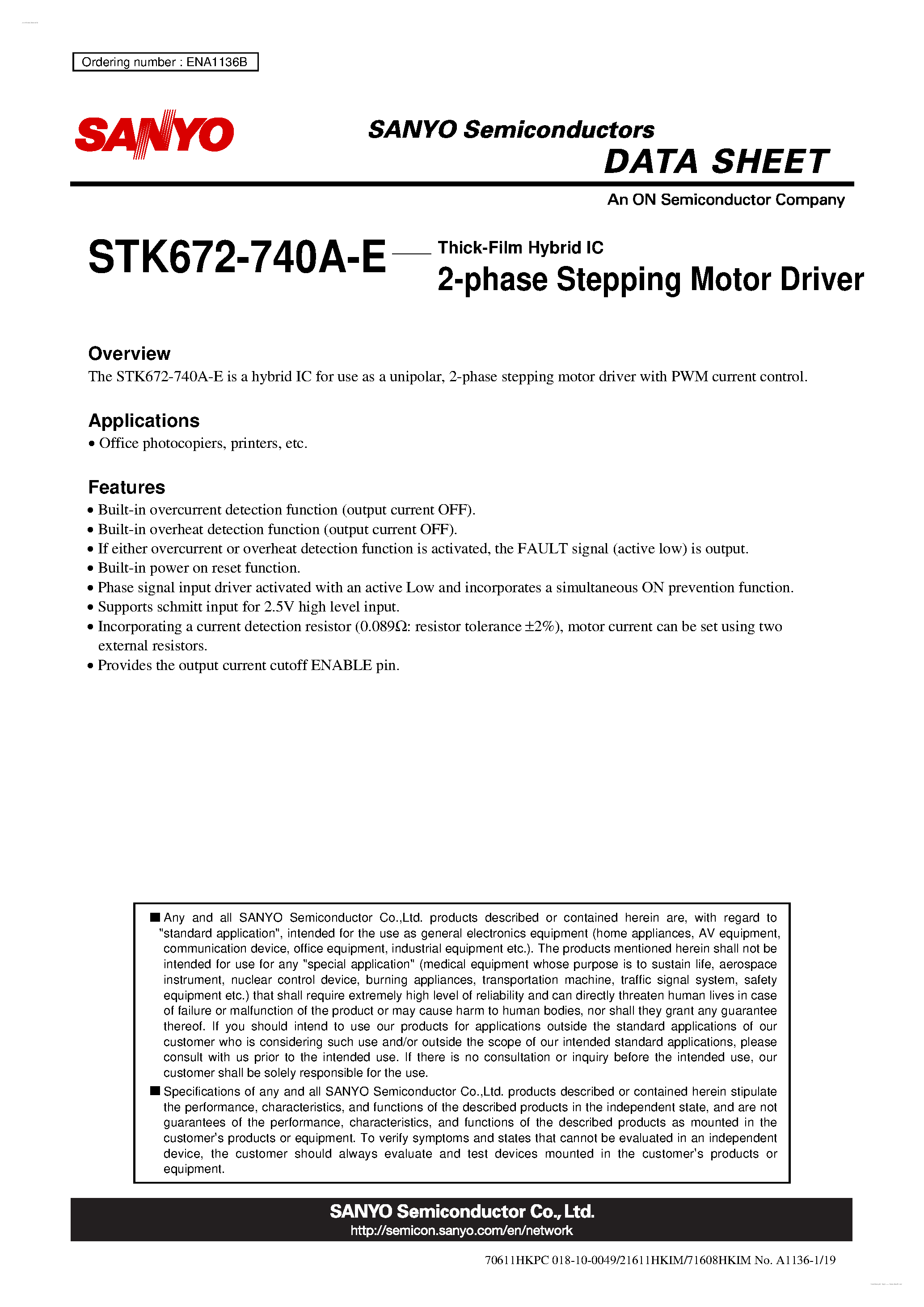 Datasheet STK672-740A-E - 2-phase Stepping Motor Driver page 1