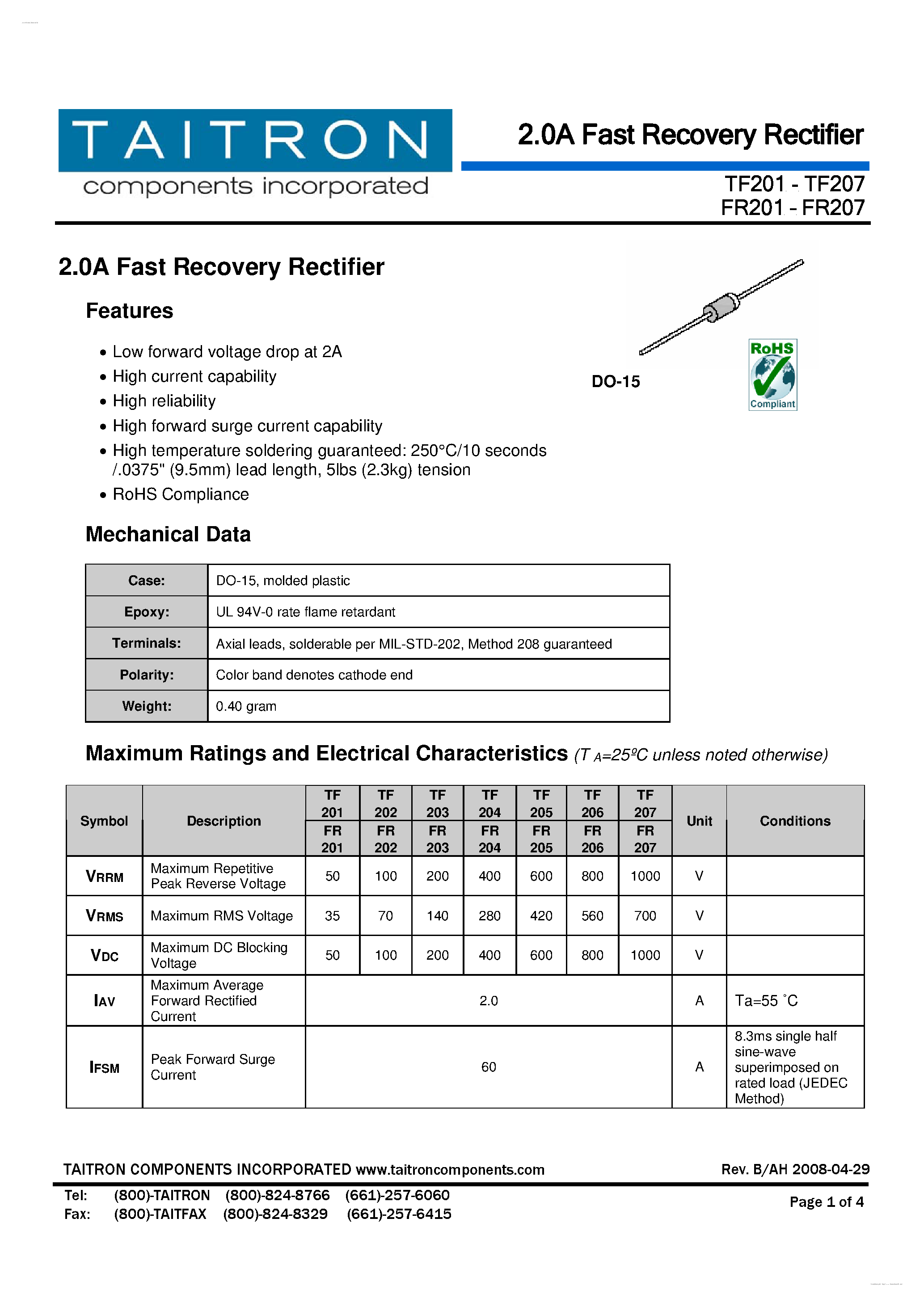 Datasheet TF201 page 1 Datasheet TF201 - (TF201 - TF207) 2.0A Fast Recovery Rectifier page 1