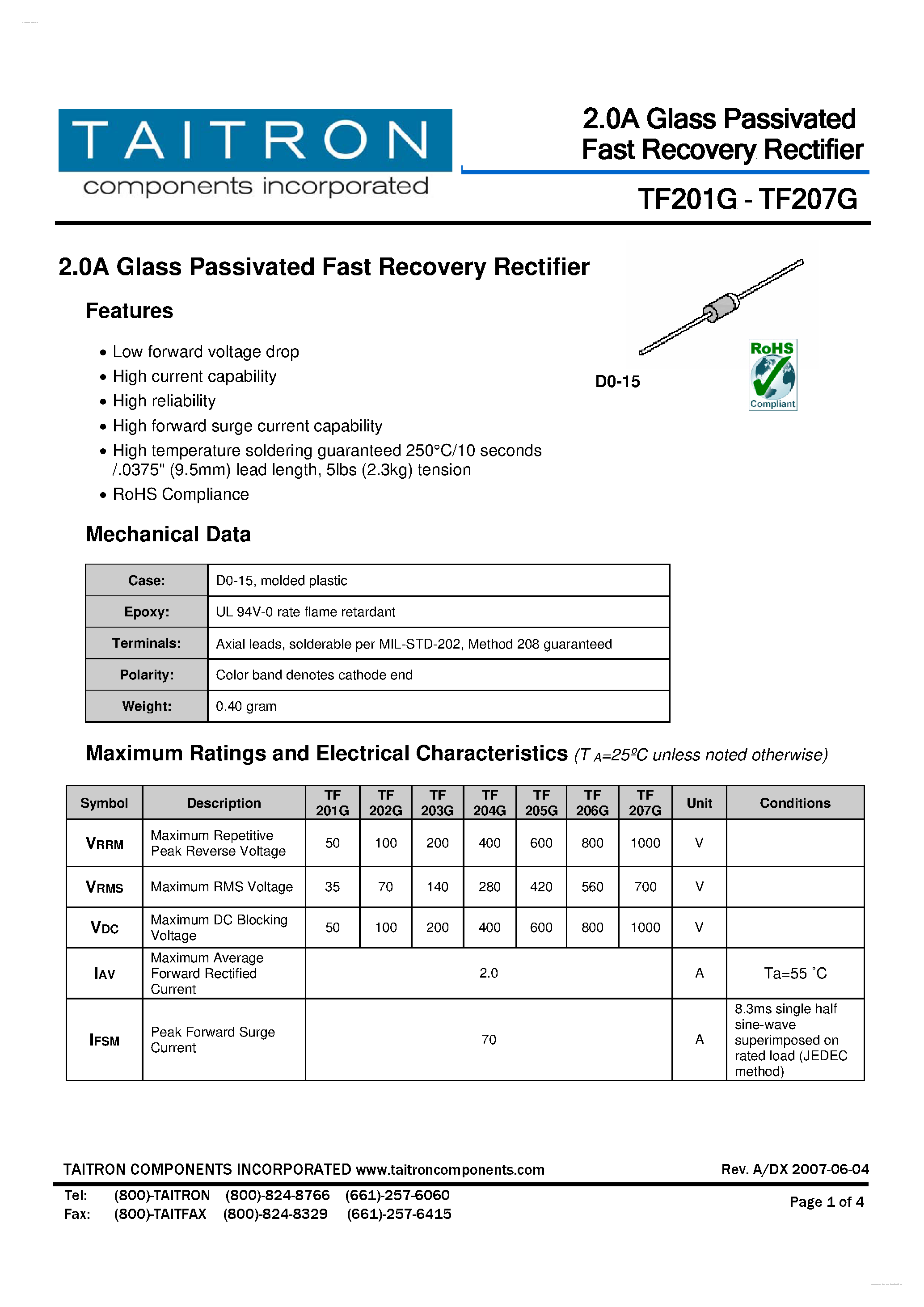 Datasheet TF201G page 1 Datasheet TF201G - (TF201G - TF207G) 2.0A Glass Passivated Fast Recovery Rectifier page 1