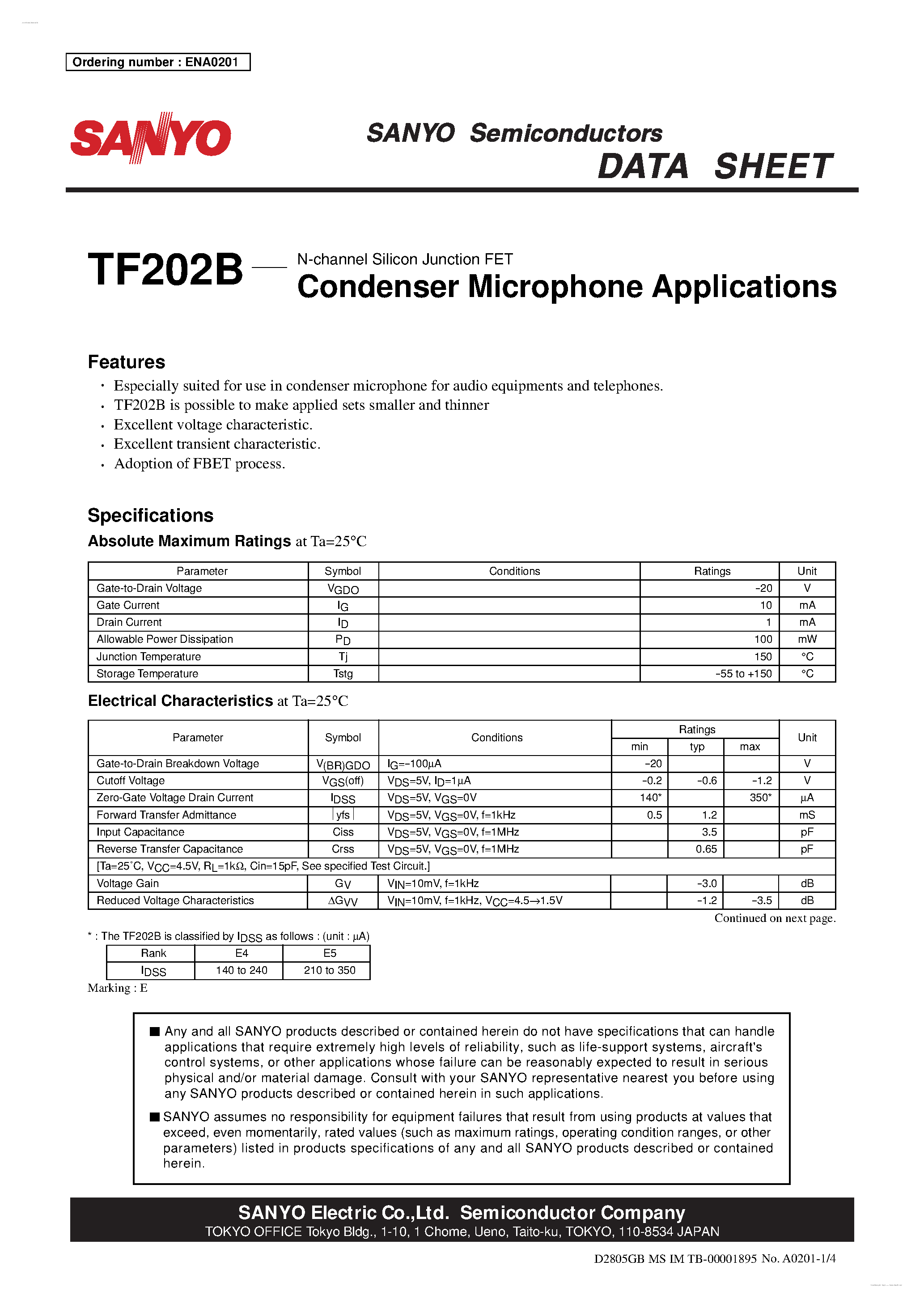 Datasheet TF202B - N-channel Silicon Junction FET page 1