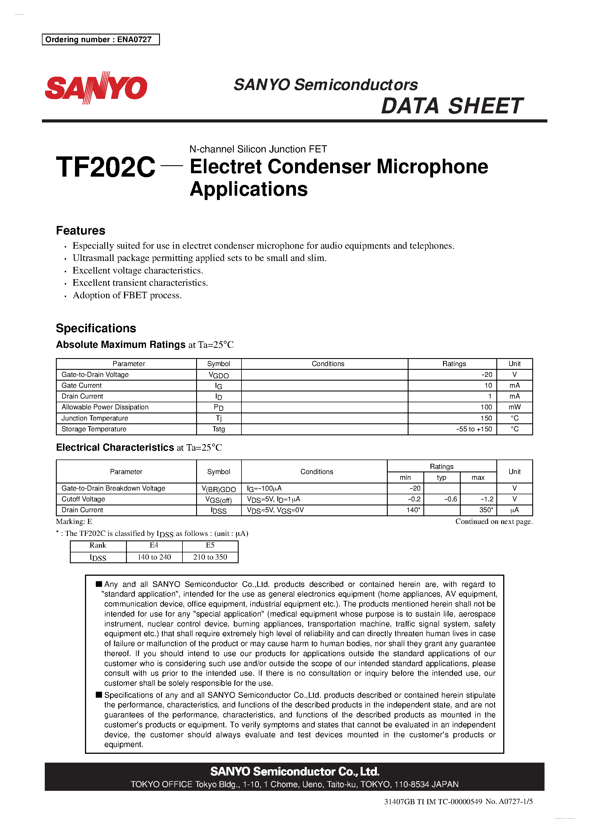 Datasheet TF202C page 1 Datasheet TF202C - N-channel Silicon Junction FET page 1