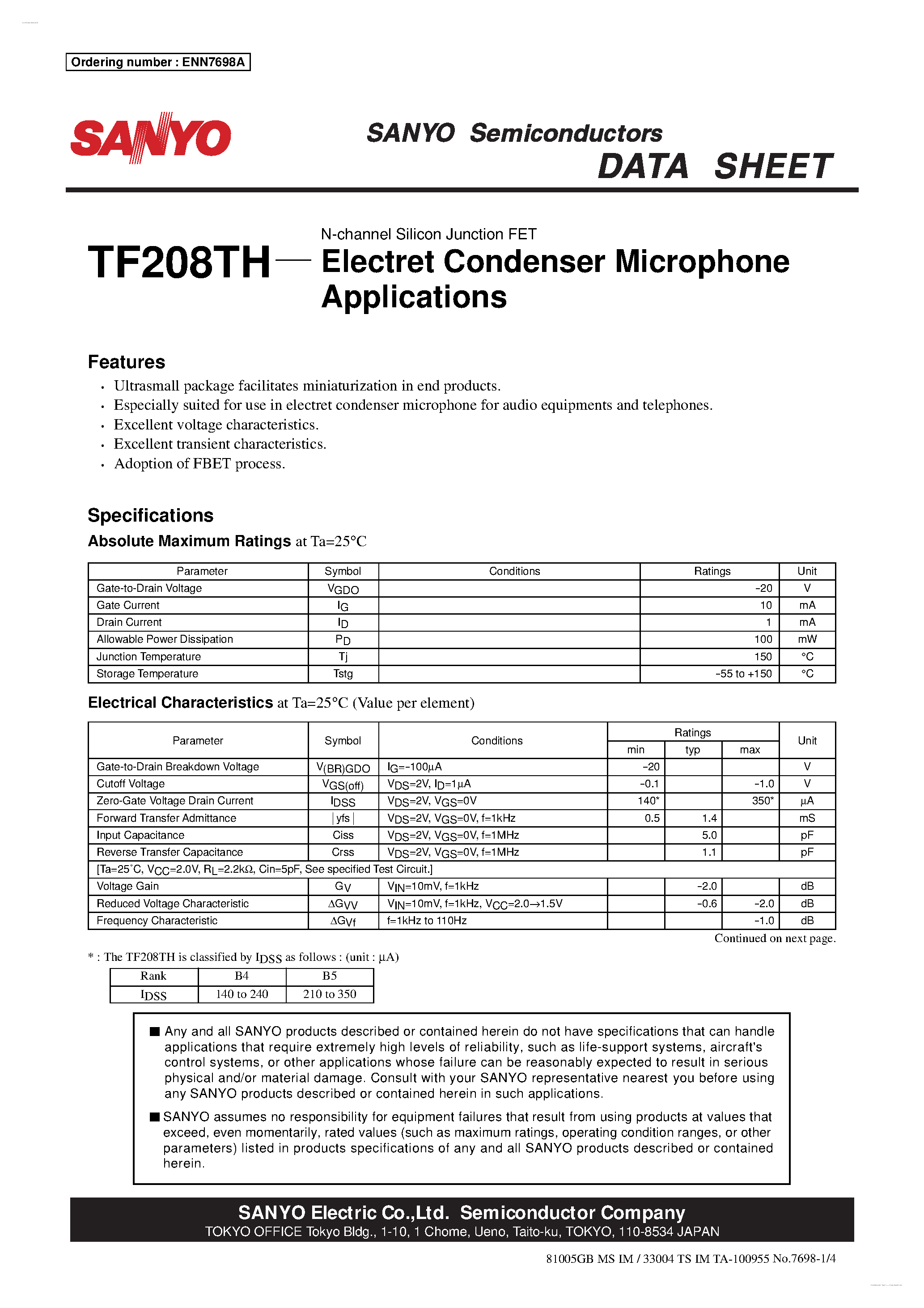 Datasheet TF208TH page 1 Datasheet TF208TH - N-channel Silicon Junction FET page 1