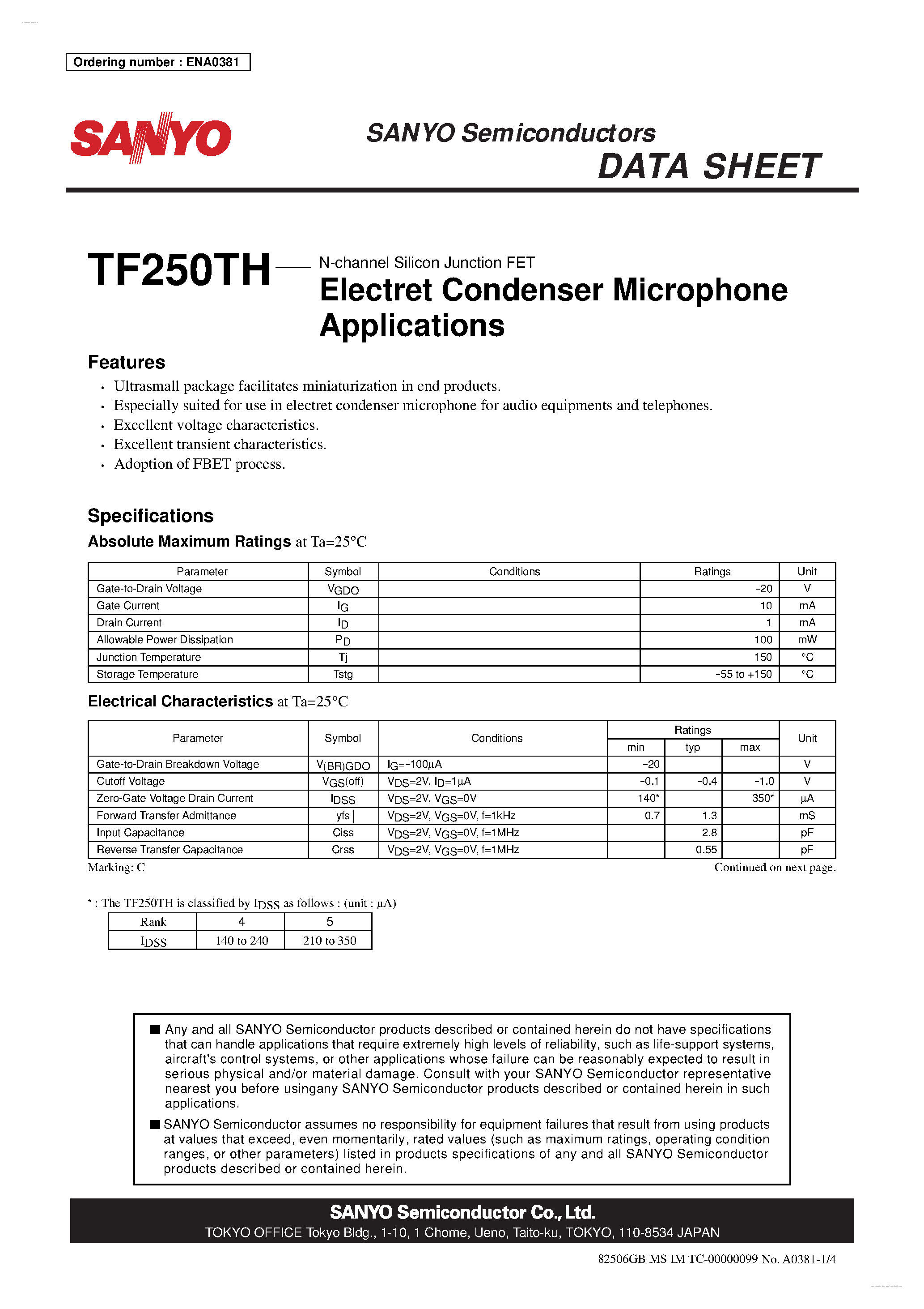 Datasheet TF250TH page 1 Datasheet TF250TH - N-channel Silicon Junction FET page 1