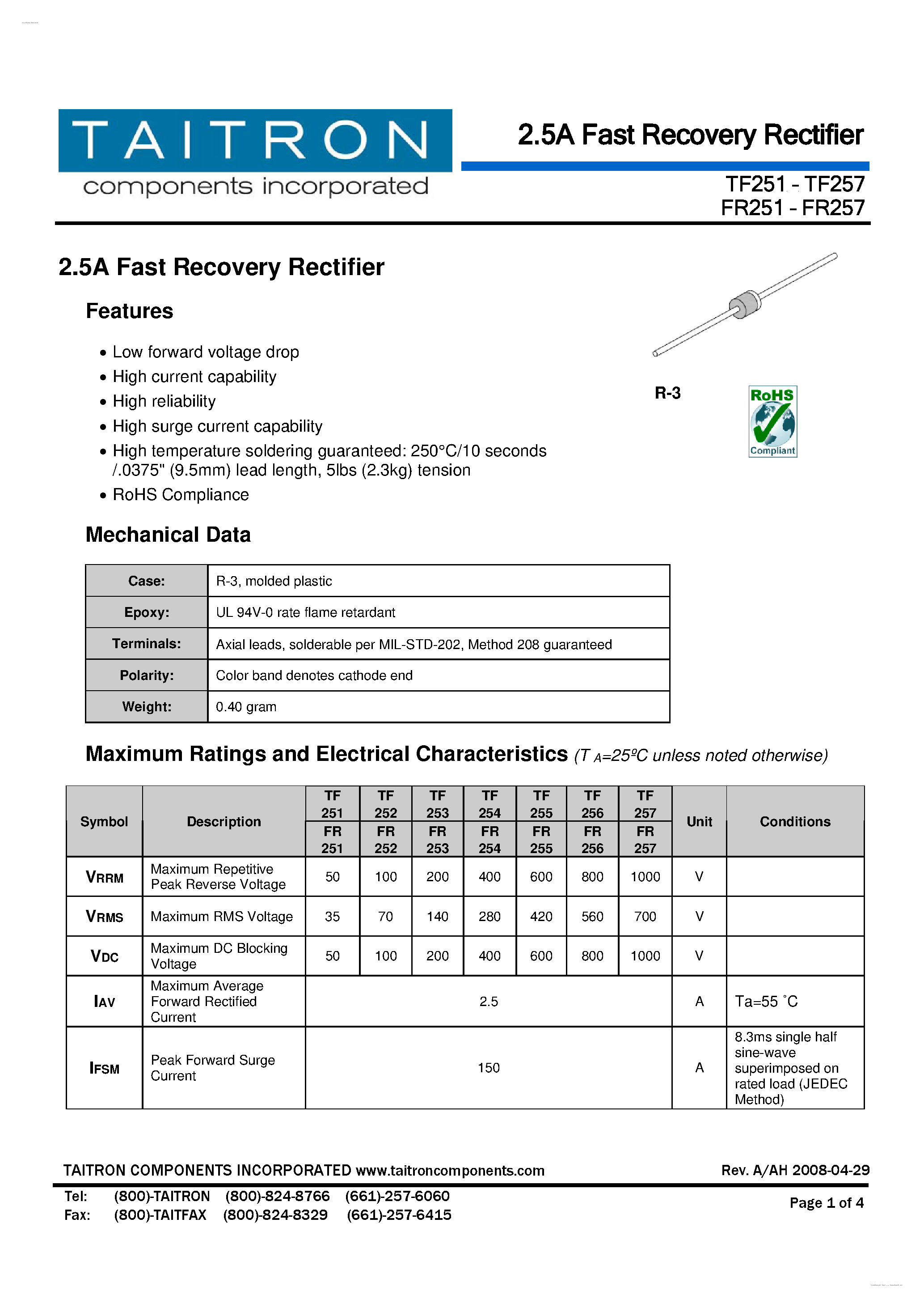 Datasheet TF251 page 1 Datasheet TF251 - (TF251 - TF257) 2.5A Fast Recovery Rectifier page 1