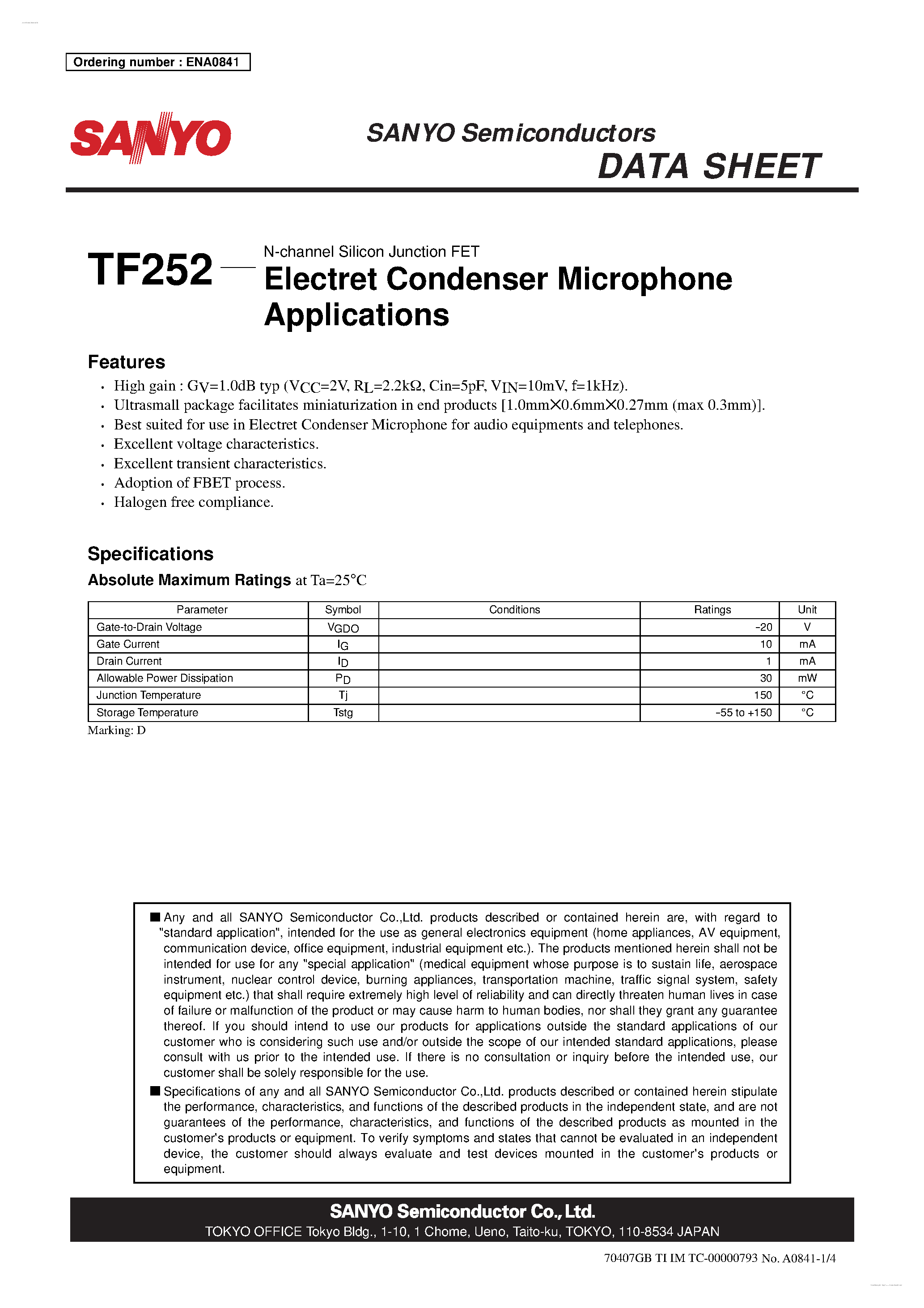 Datasheet TF252 page 1 Datasheet TF252 - N-channel Silicon Junction FET page 1