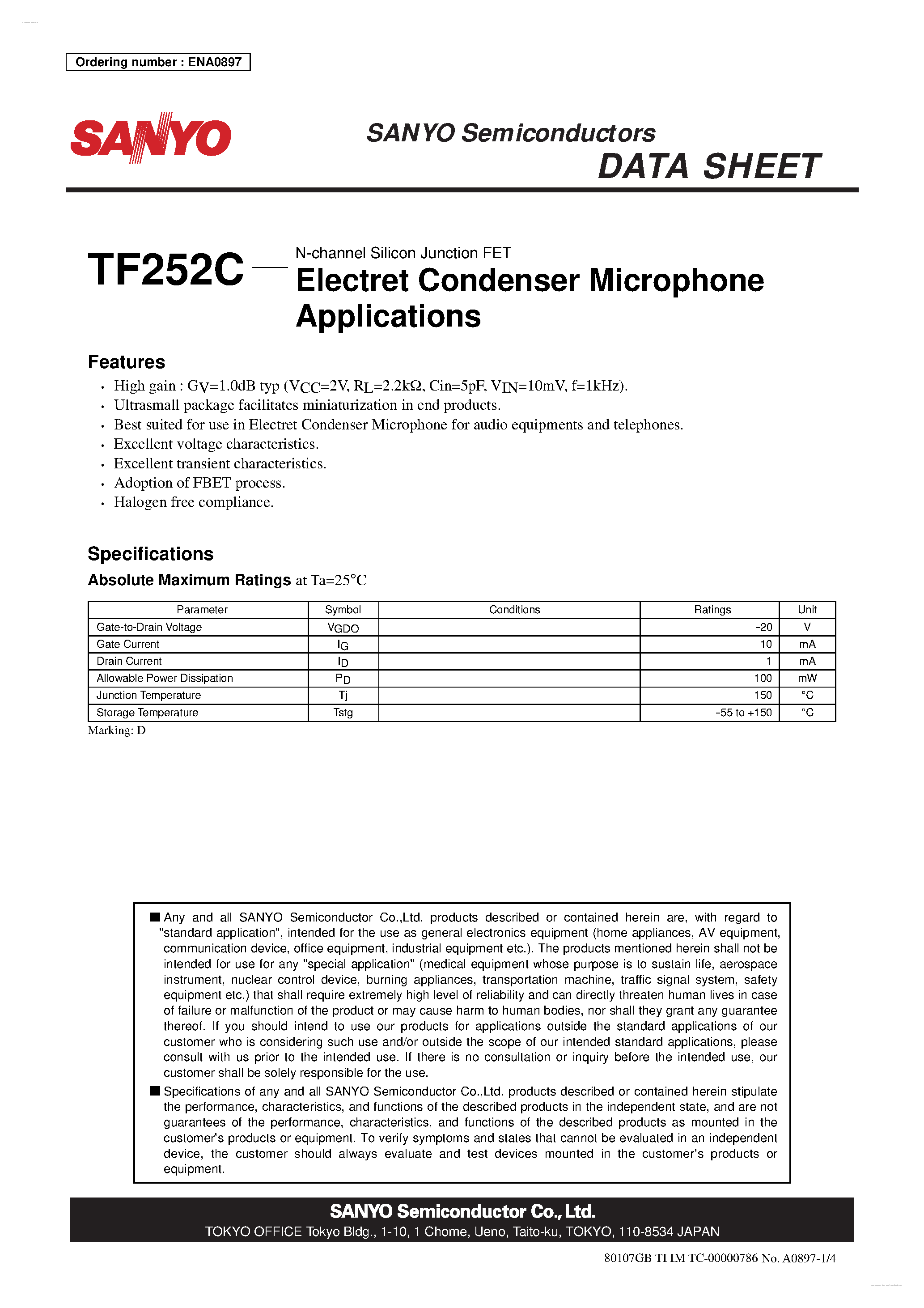 Datasheet TF252C page 1 Datasheet TF252C - N-channel Silicon Junction FET page 1