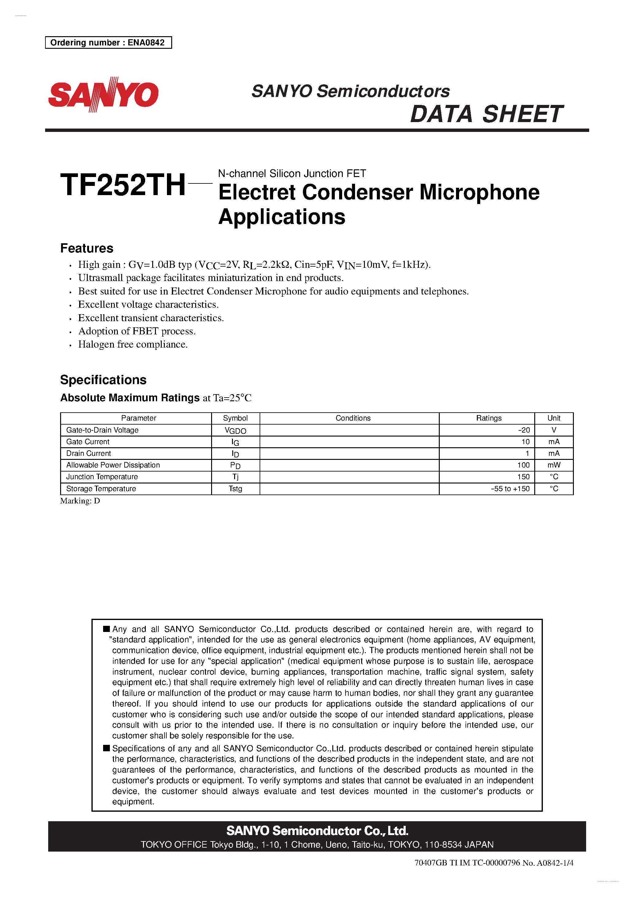 Datasheet TF252TH - N-channel Silicon Junction FET page 1