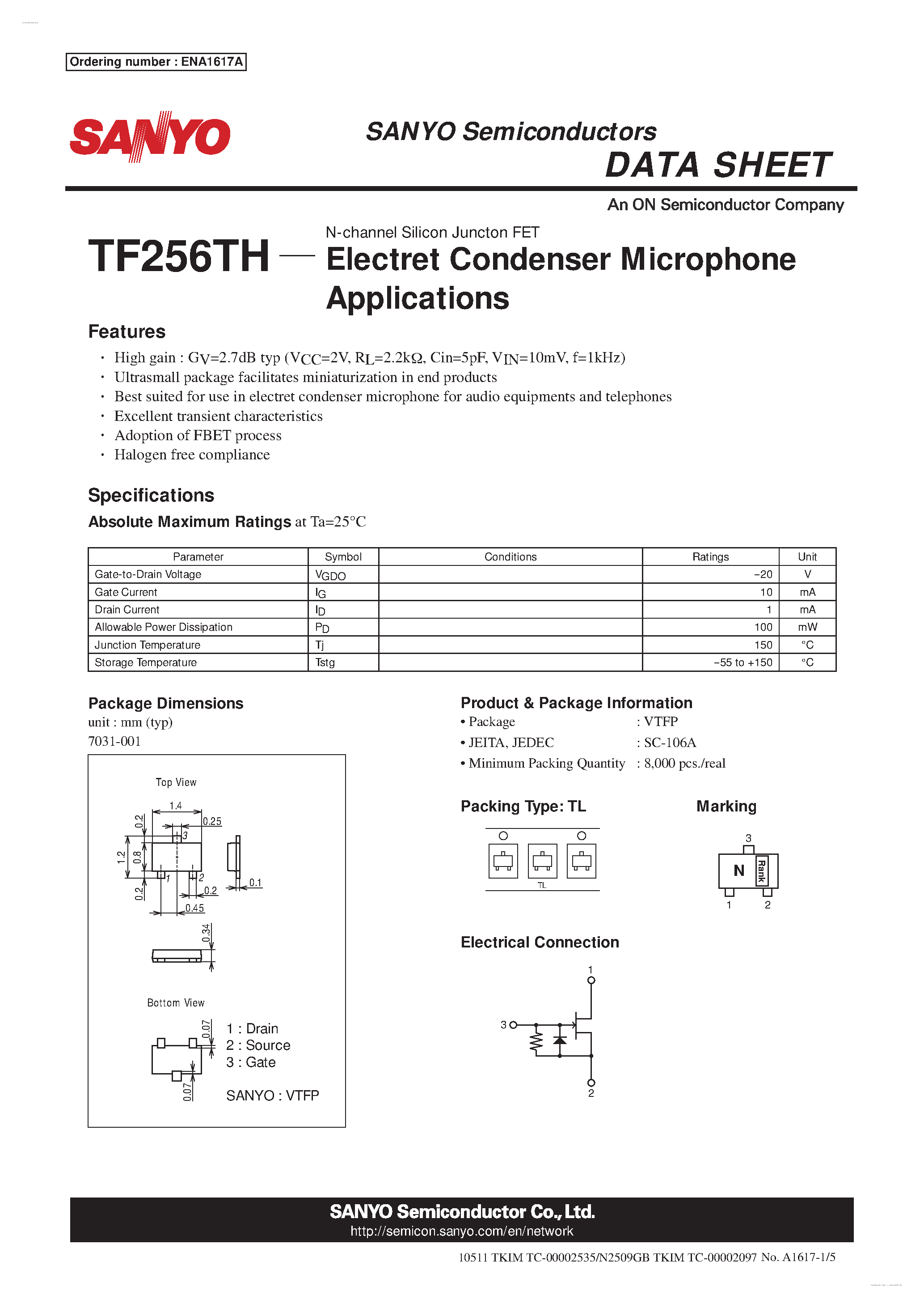 Datasheet TF256TH - N-channel Silicon Junction FET page 1
