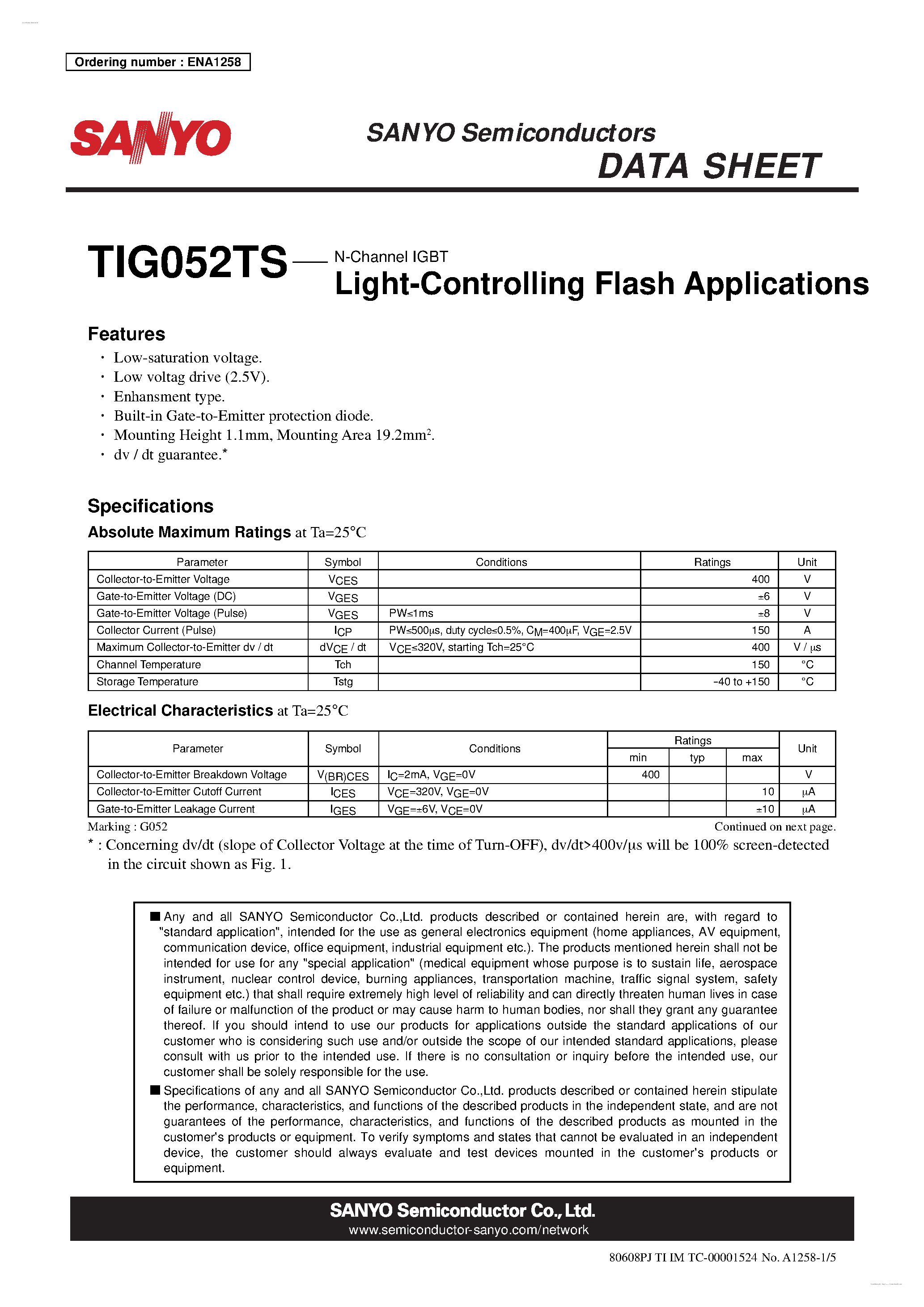 Datasheet TIG052TS page 1 Datasheet TIG052TS - N-Channel IGBT page 1